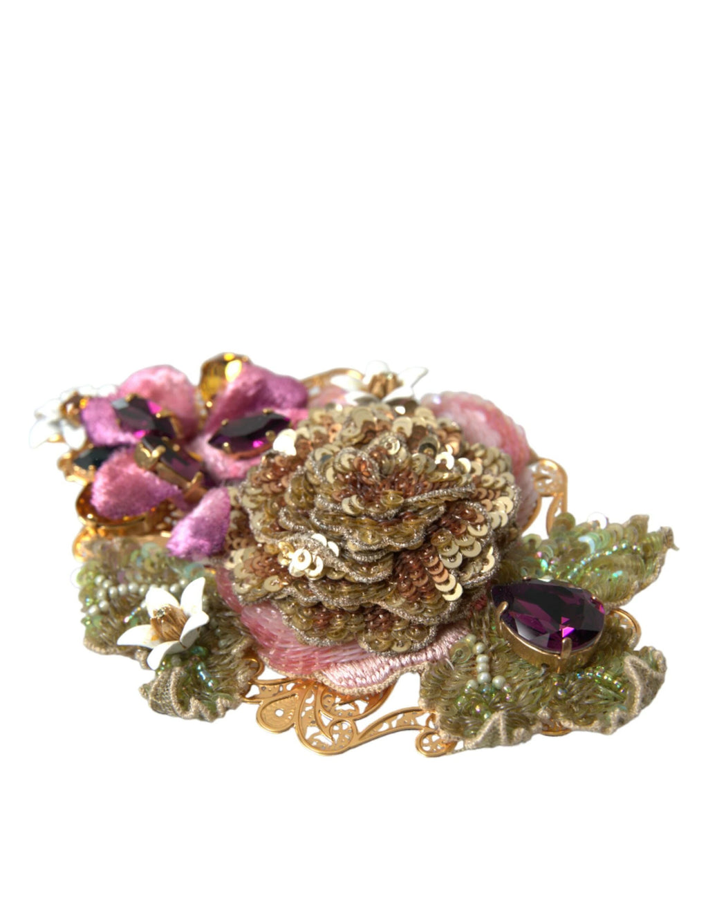 Dolce & Gabbana Gold Brass Floral Crystal Sequined Hair Clip by Dolce & Gabbana