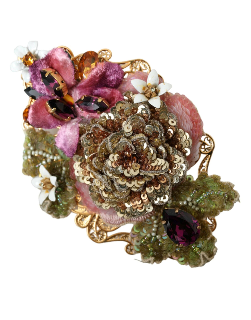 Dolce & Gabbana Gold Brass Floral Crystal Sequined Hair Clip by Dolce & Gabbana