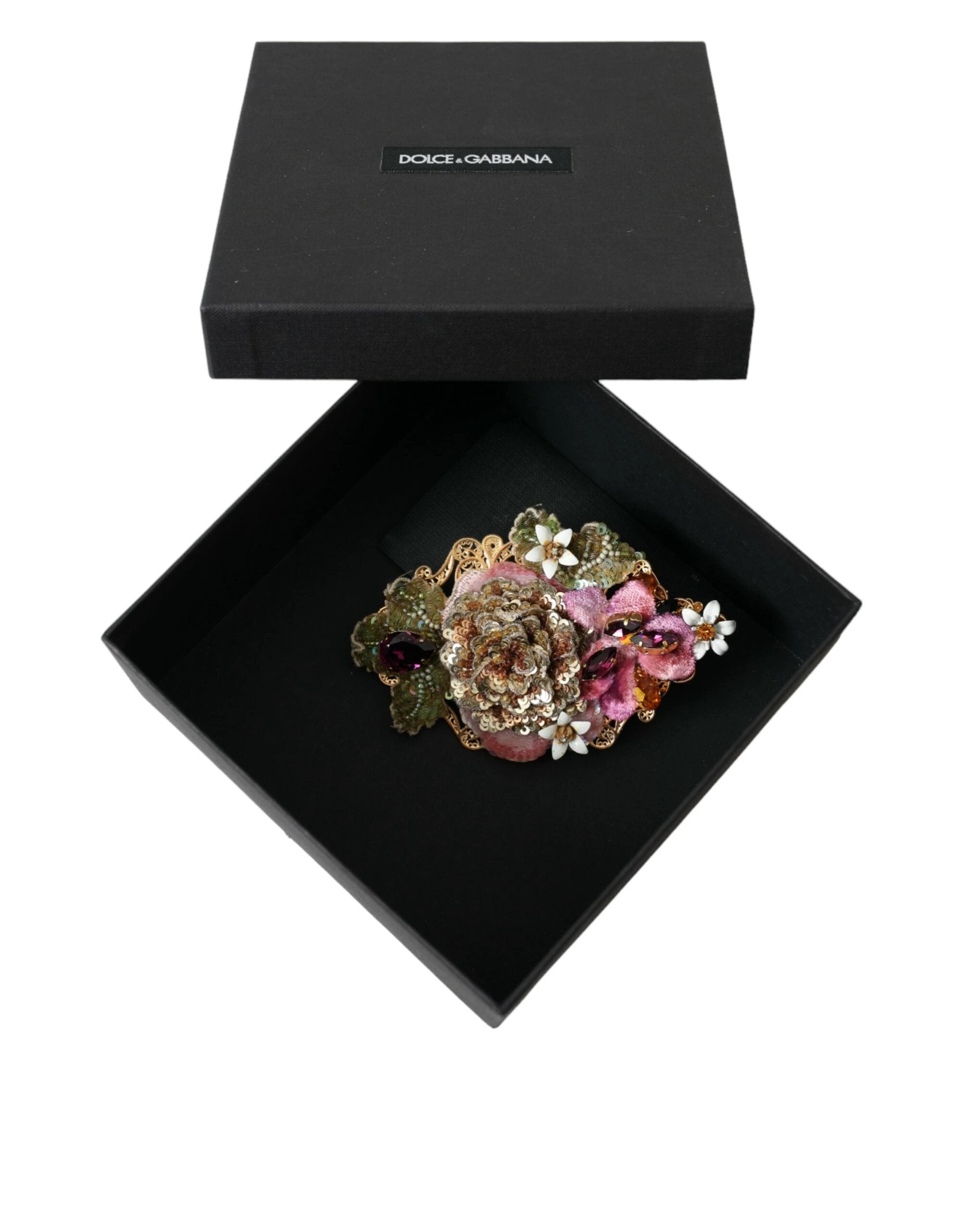 Dolce & Gabbana Gold Brass Floral Crystal Sequined Hair Clip by Dolce & Gabbana