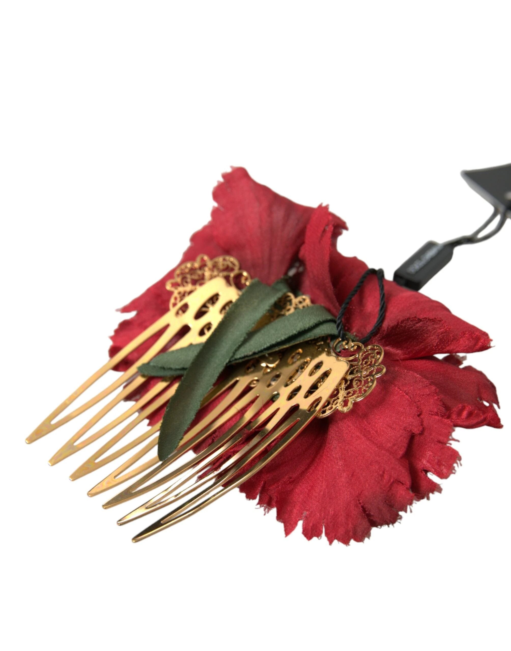 Dolce & Gabbana Red Silk Floral Gold Brass Women Hair Comb by Dolce & Gabbana