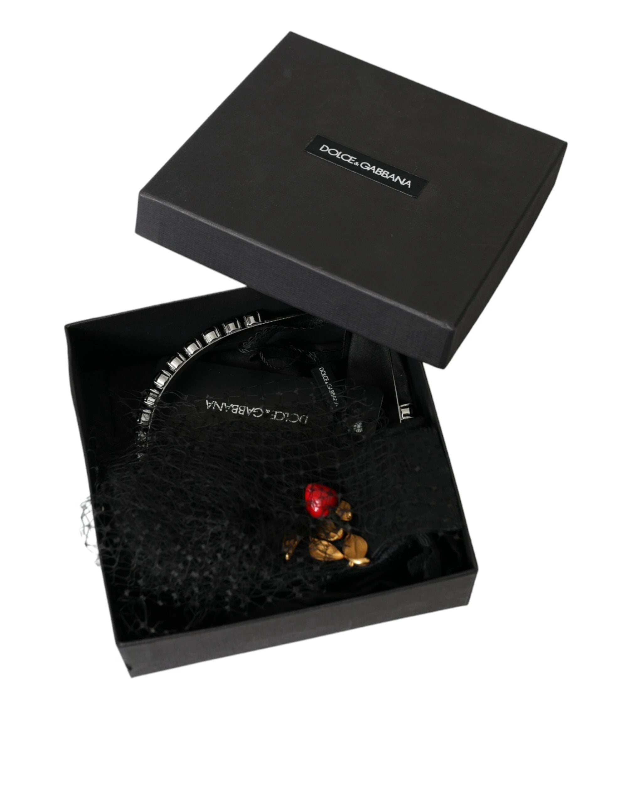 Dolce & Gabbana Black Strawberry Sicily Crystal Mesh Net Headband Diadem by Dolce & Gabbana
