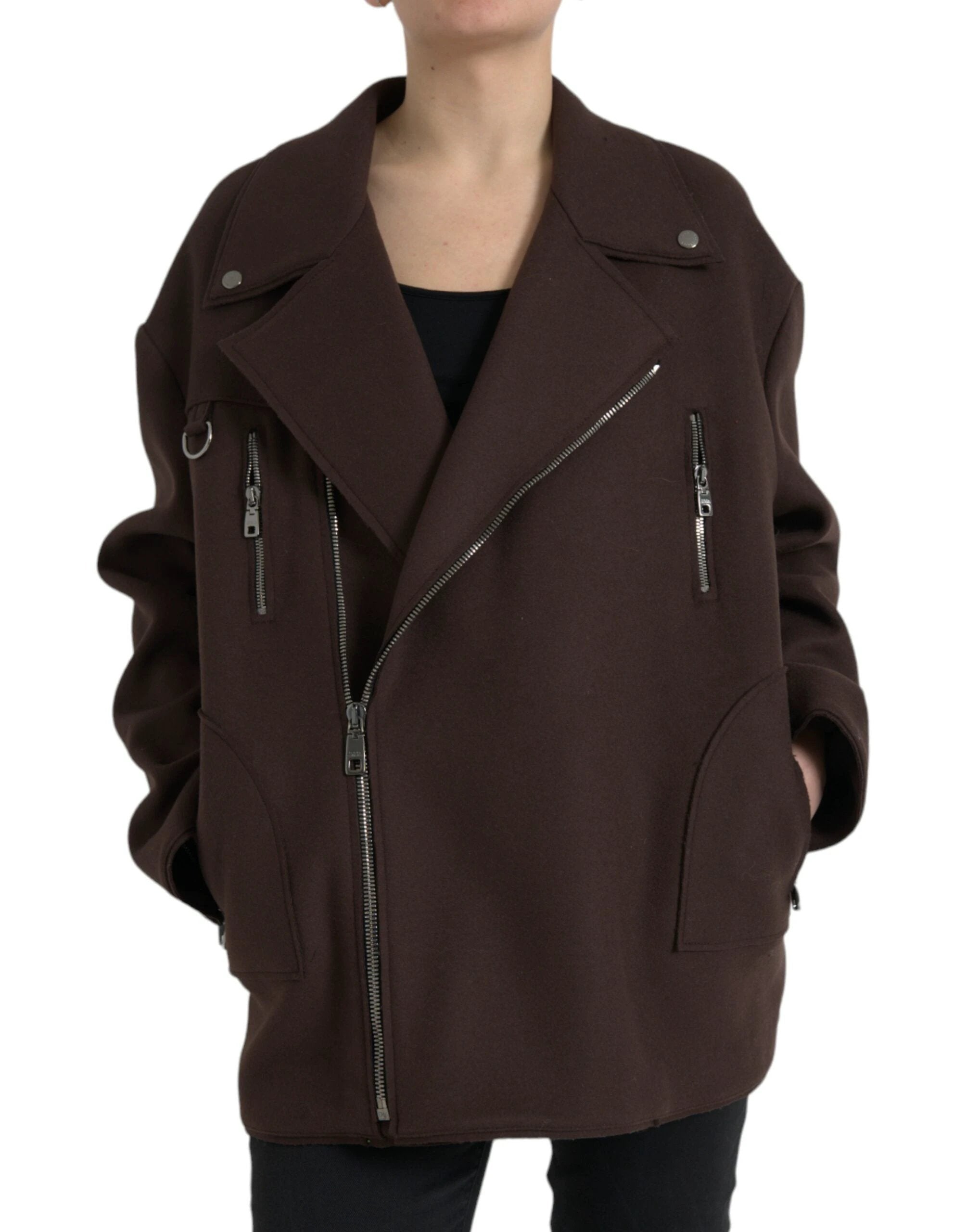 Dolce & Gabbana Brown Coat Short Biker Wool Jacket by Dolce & Gabbana