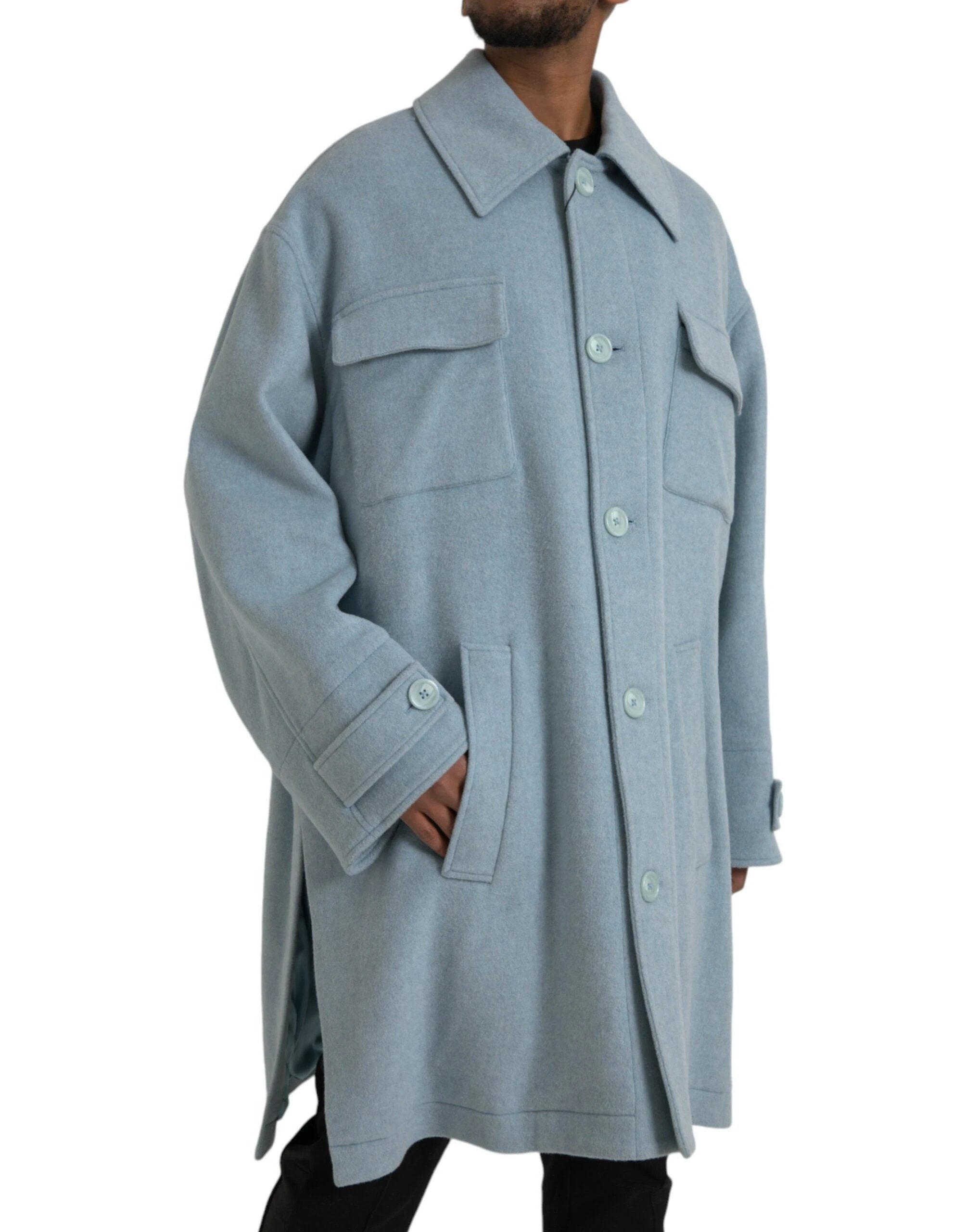 Dolce & Gabbana Light Blue Wool Button Trench Coat Jacket by Dolce & Gabbana