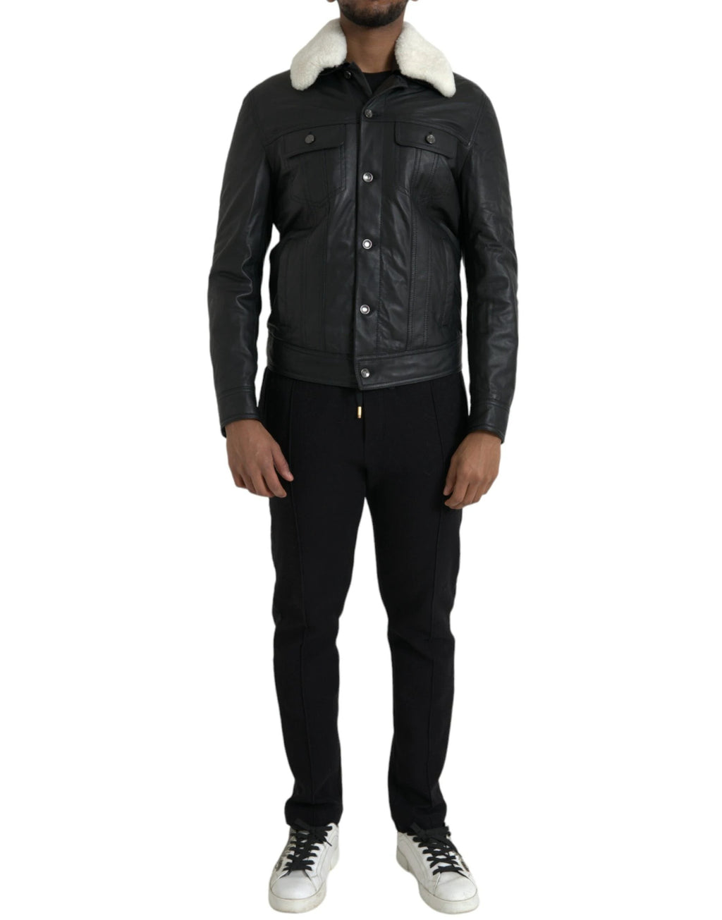 Dolce & Gabbana Black Leather Fur Collar Biker Coat Jacket by Dolce & Gabbana