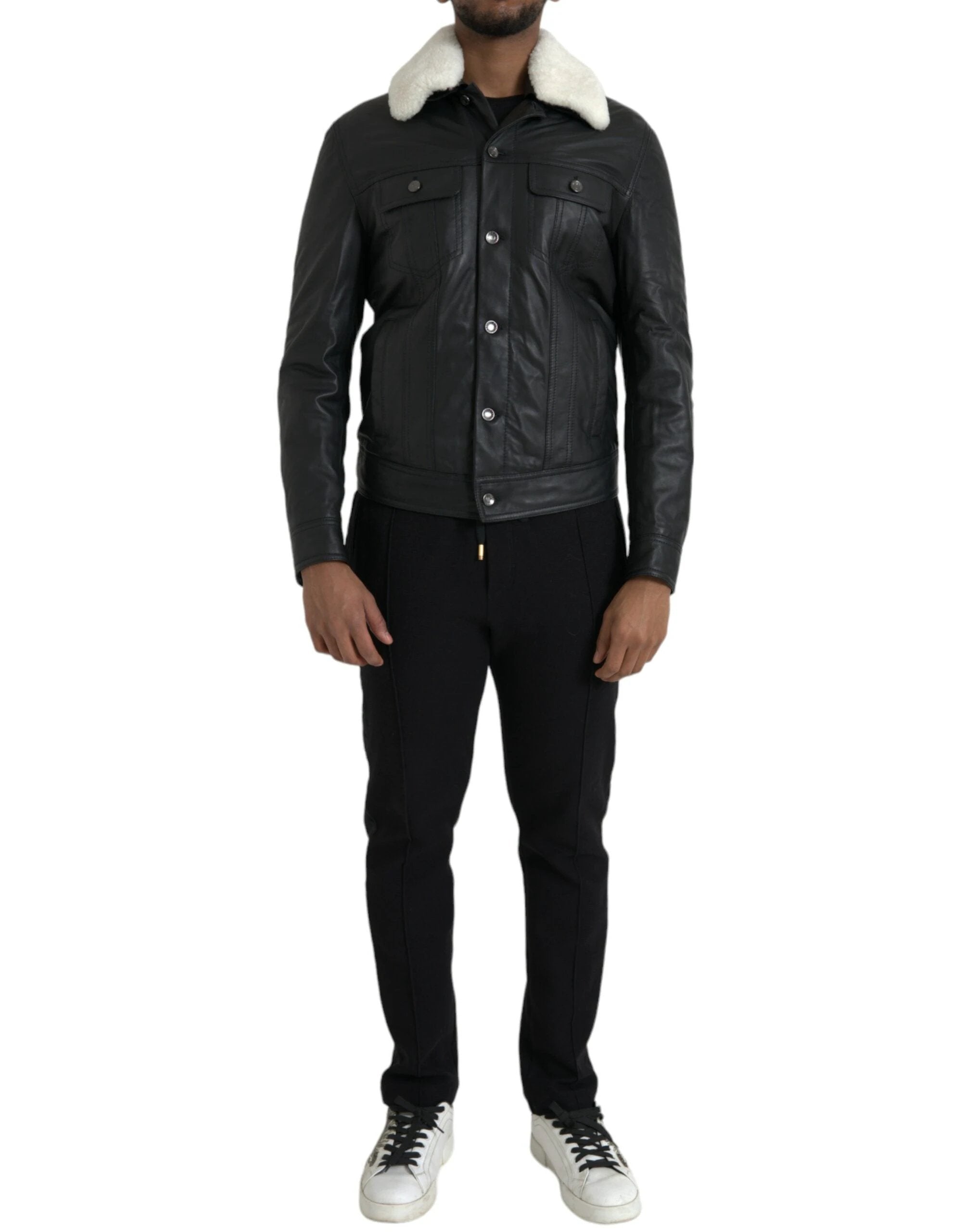 Dolce & Gabbana Black Leather Fur Collar Biker Coat Jacket by Dolce & Gabbana