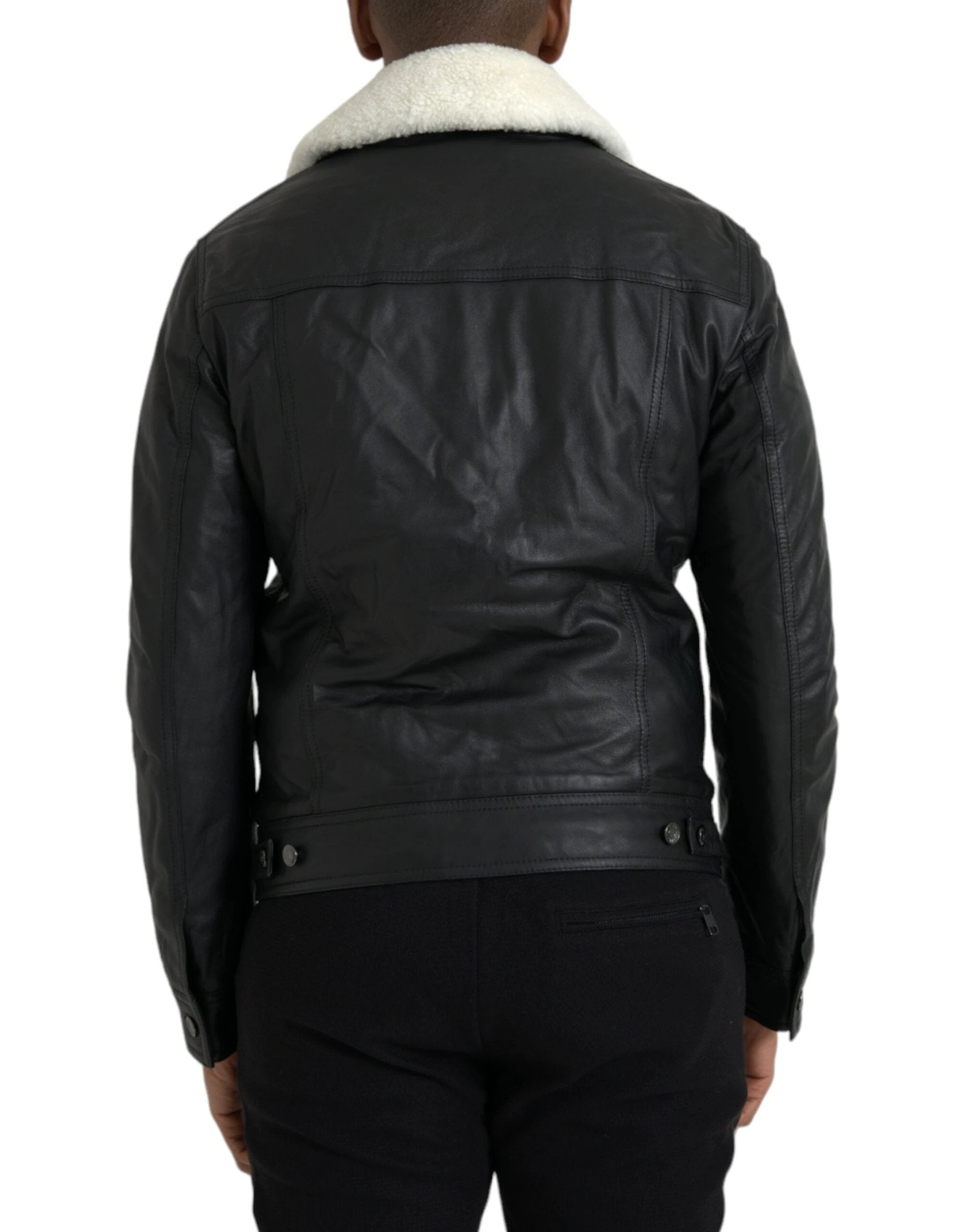 Dolce & Gabbana Black Leather Fur Collar Biker Coat Jacket by Dolce & Gabbana