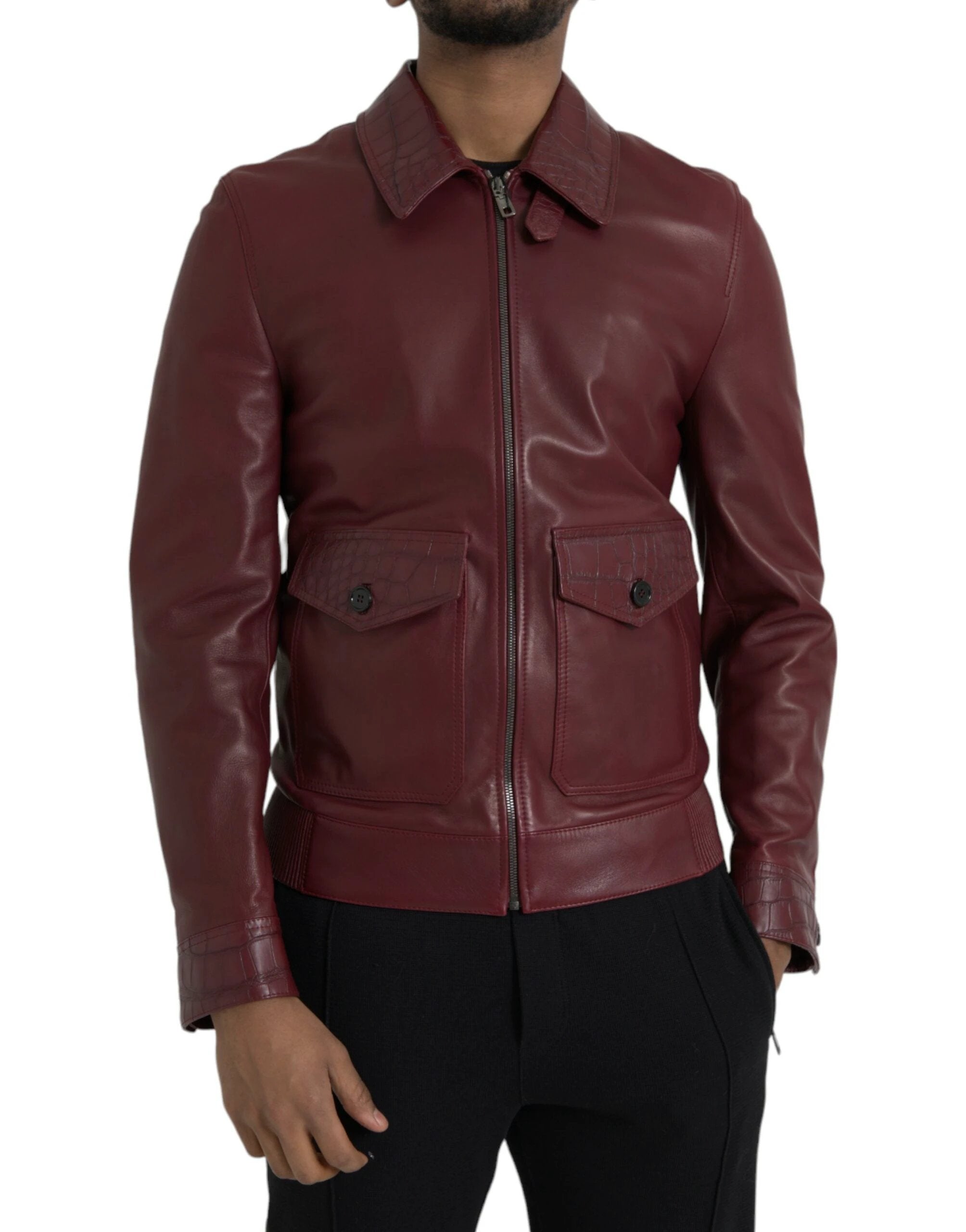 Dolce & Gabbana Maroon Exotic Leather Zip Biker Coat Jacket by Dolce & Gabbana