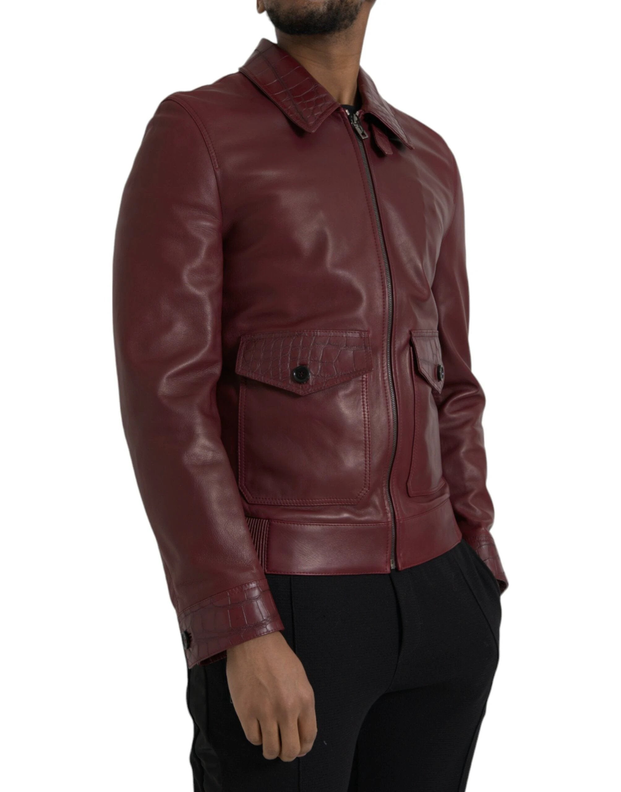 Dolce & Gabbana Maroon Exotic Leather Zip Biker Coat Jacket by Dolce & Gabbana