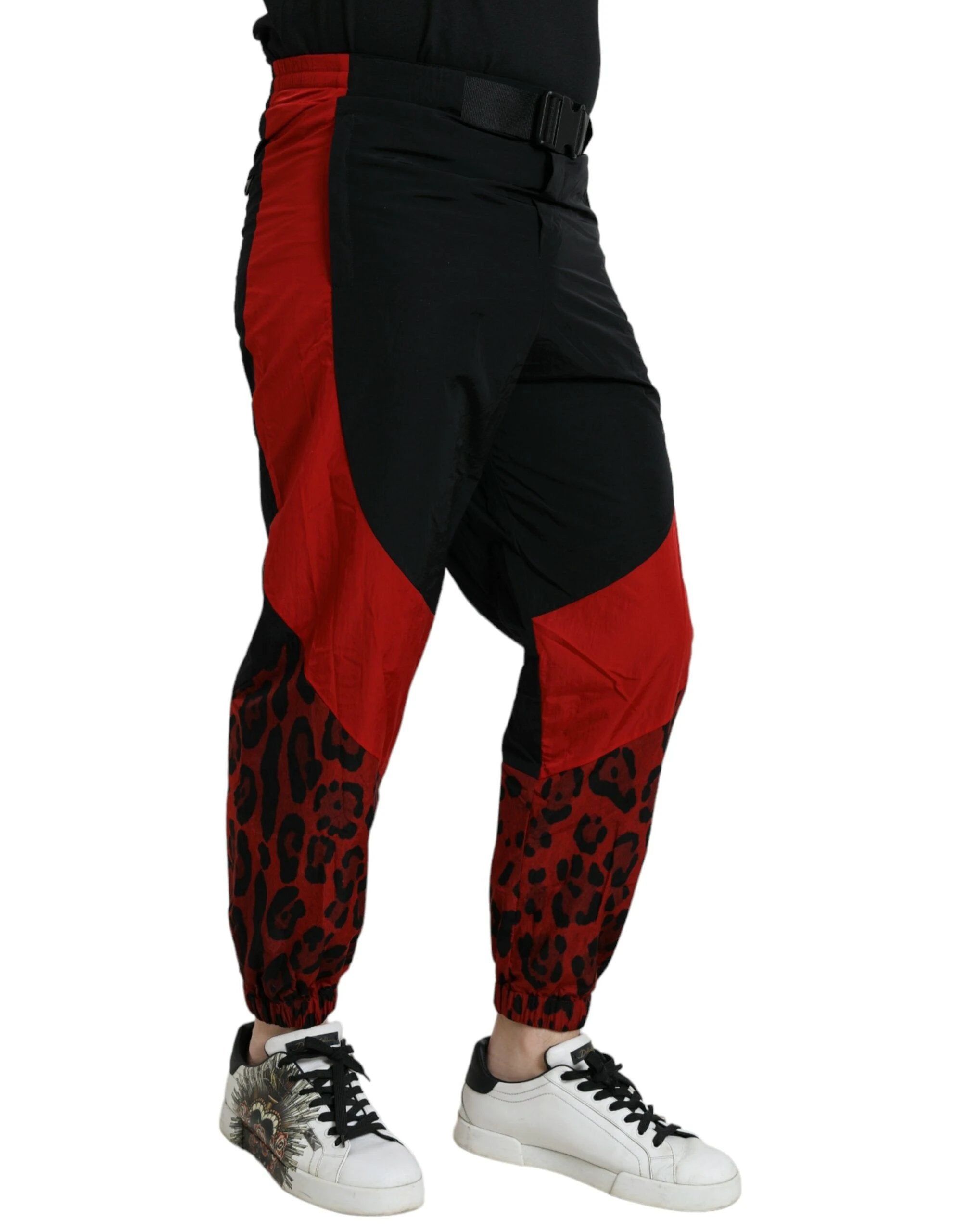 Dolce & Gabbana Black Red Leopard Print Nylon Jogger Pants by Dolce & Gabbana
