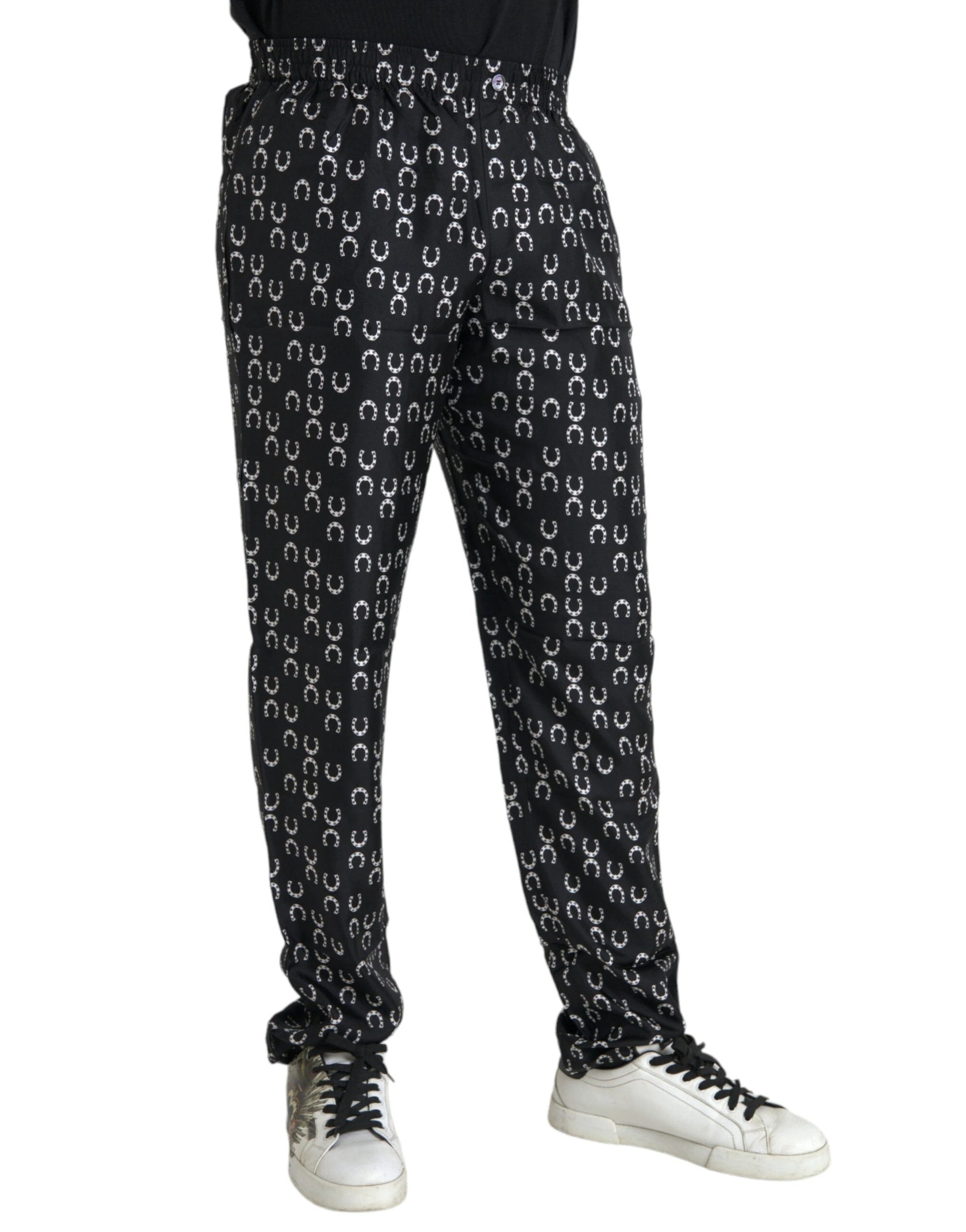 Dolce & Gabbana Black Horseshoe Print Silk Pants by Dolce & Gabbana