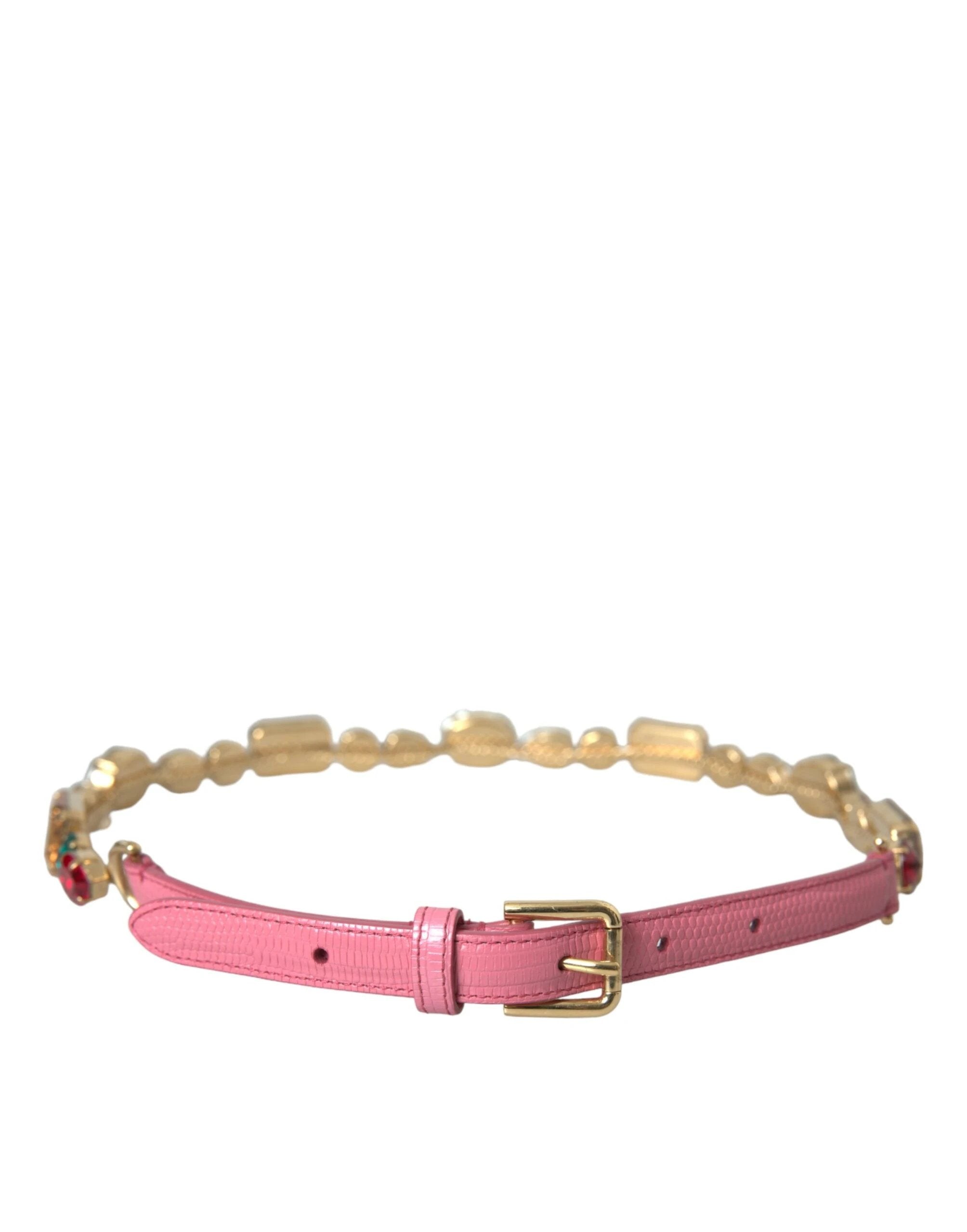Dolce & Gabbana Pink Leather Crystal Chain Embellished Belt by Dolce & Gabbana