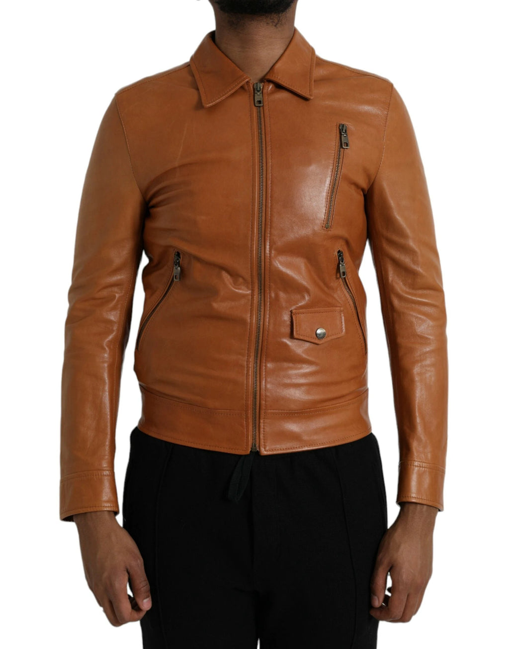 Dolce & Gabbana Brown Lamb Leather Full Zip Blouson Jacket by Dolce & Gabbana