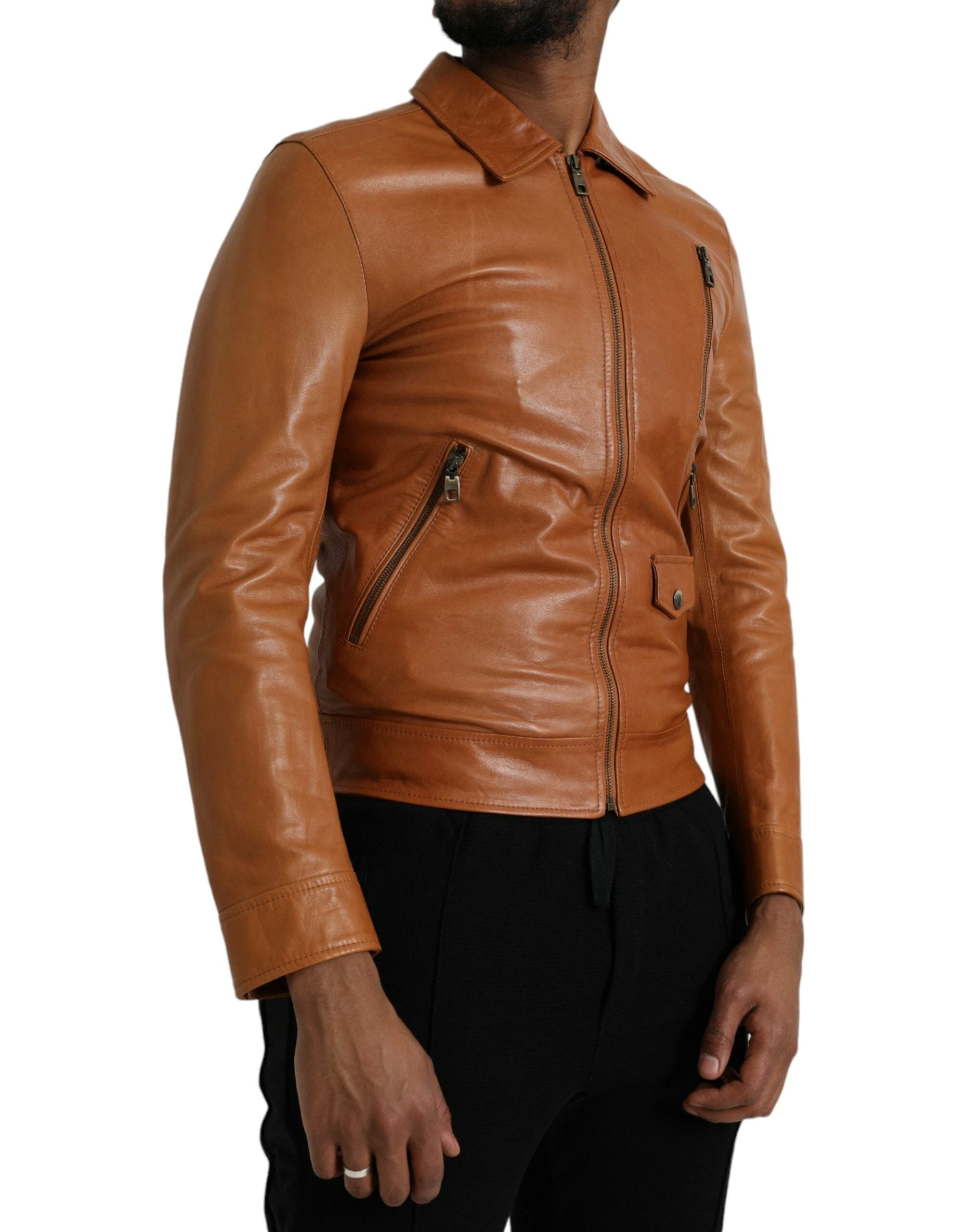 Dolce & Gabbana Brown Lamb Leather Full Zip Blouson Jacket by Dolce & Gabbana