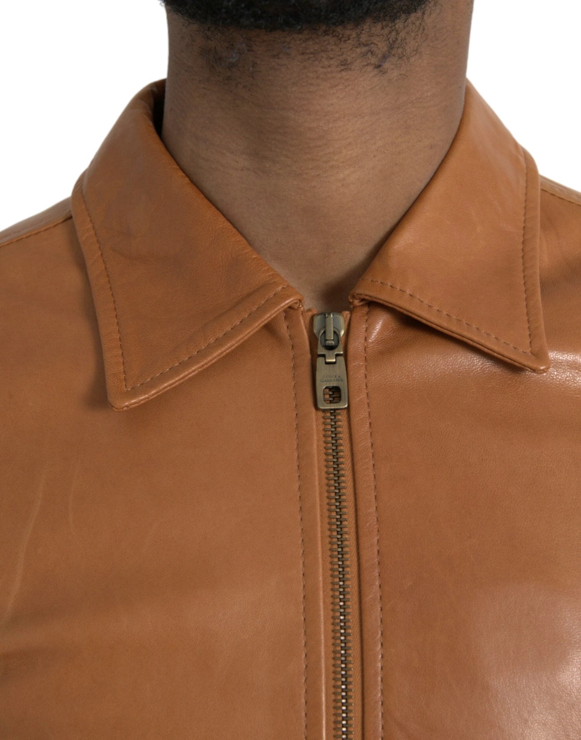 Dolce & Gabbana Brown Lamb Leather Full Zip Blouson Jacket by Dolce & Gabbana