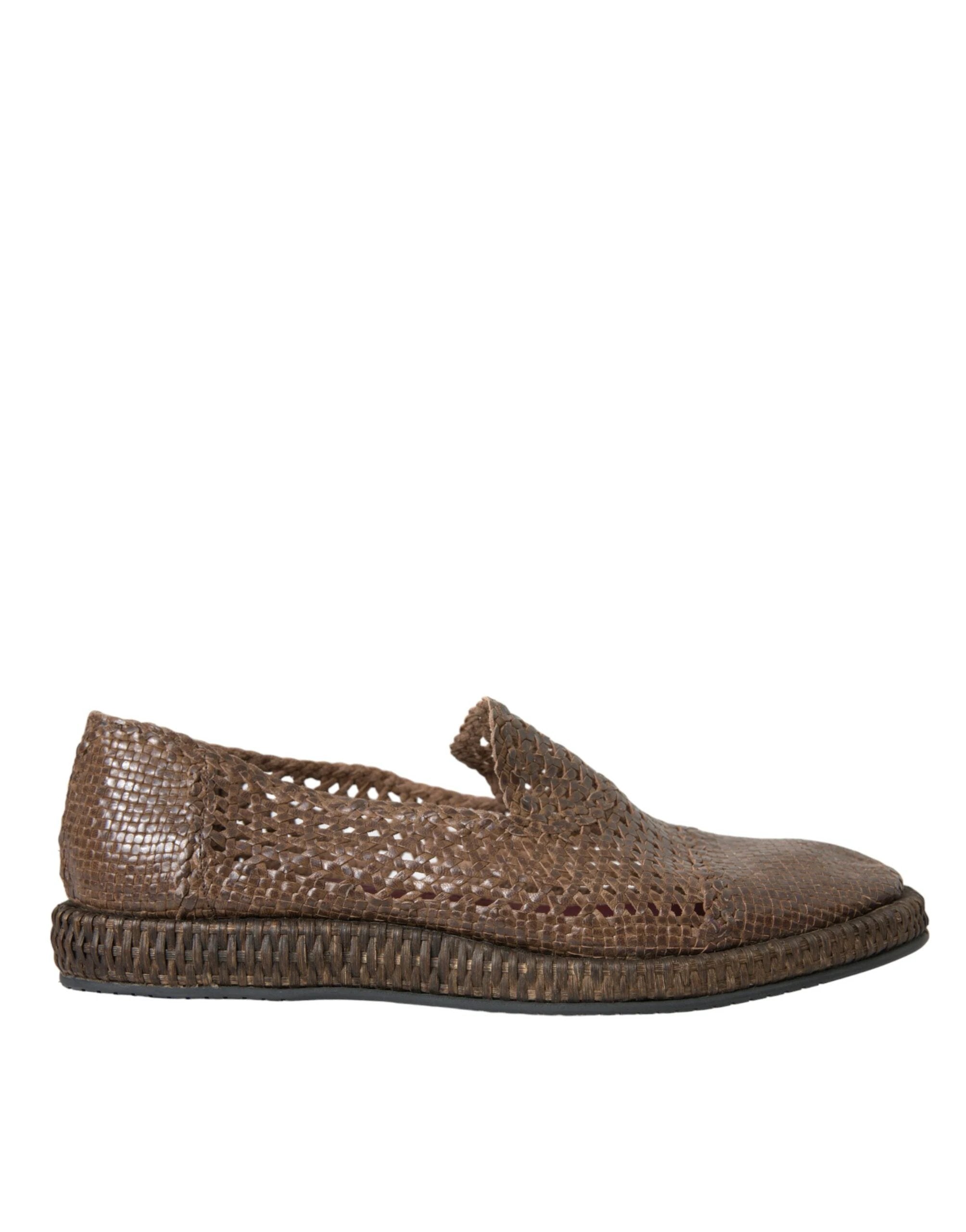 Dolce & Gabbana Brown Woven Leather Loafers Casual Shoes by Dolce & Gabbana