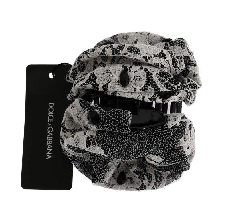 Dolce & Gabbana Black White Floral Lace Crystal Hair Claw by Dolce & Gabbana