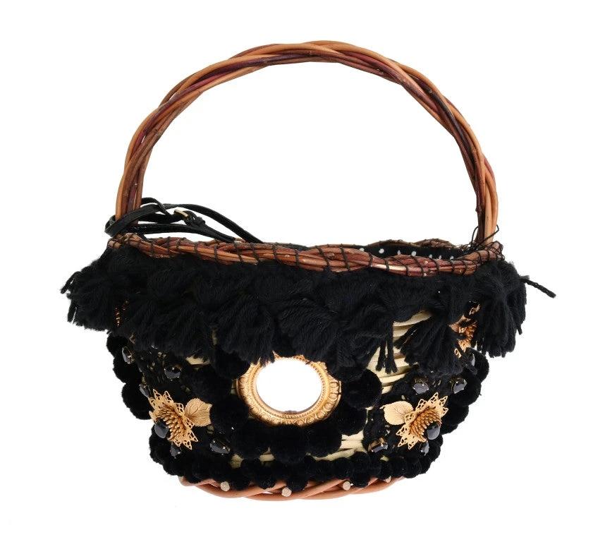 Dolce & Gabbana Beige Straw Snakeskin Pom Pom Crystal AGNESE Bag by Dolce & Gabbana
