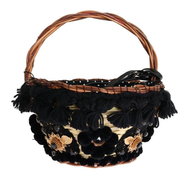Dolce & Gabbana Beige Straw Snakeskin Pom Pom Crystal AGNESE Bag by Dolce & Gabbana