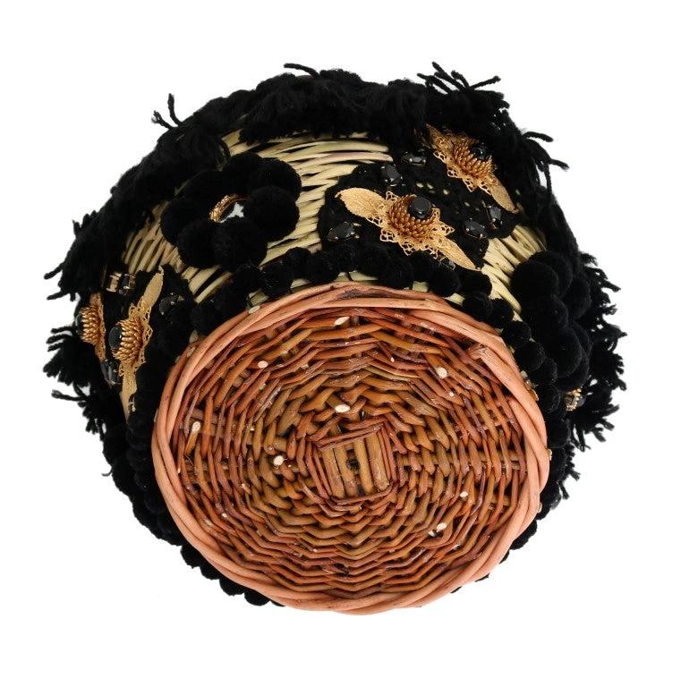 Dolce & Gabbana Beige Straw Snakeskin Pom Pom Crystal AGNESE Bag by Dolce & Gabbana