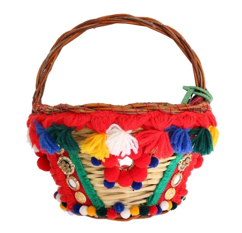 Dolce & Gabbana Multicolor AGNESE Straw Crystal Pom Pom Bag by Dolce & Gabbana