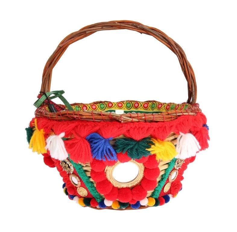 Dolce & Gabbana Multicolor AGNESE Straw Crystal Pom Pom Bag by Dolce & Gabbana