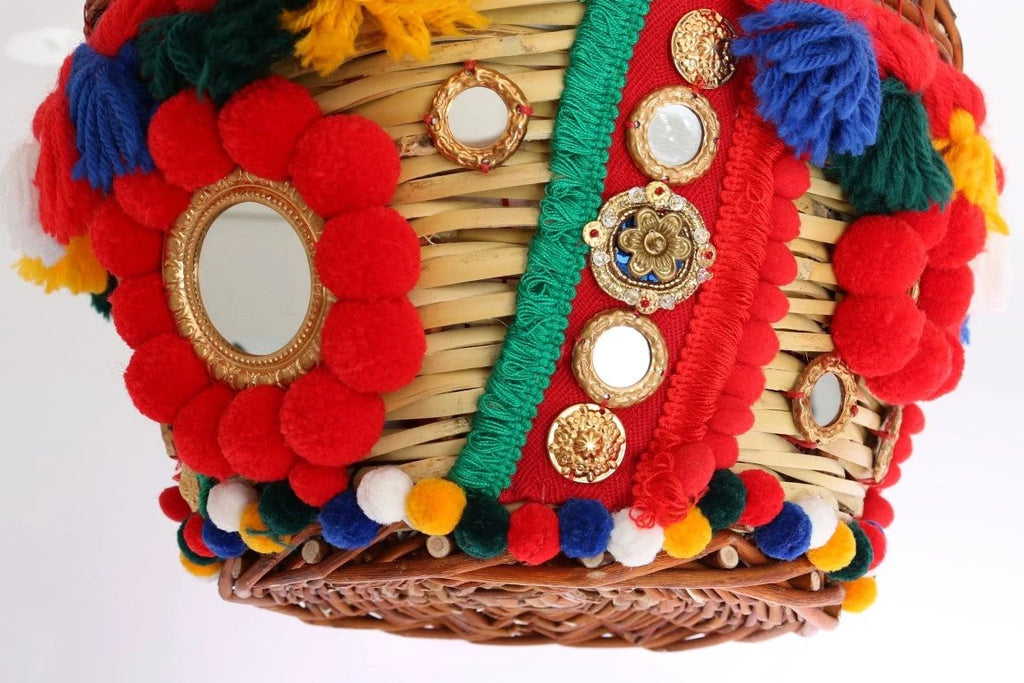 Dolce & Gabbana Multicolor AGNESE Straw Crystal Pom Pom Bag by Dolce & Gabbana