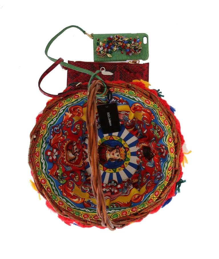 Dolce & Gabbana Multicolor AGNESE Straw Crystal Pom Pom Bag by Dolce & Gabbana