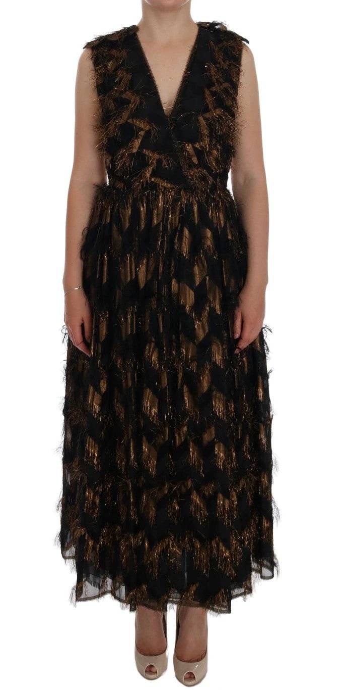Dolce & Gabbana Black Silk Brown Fringes A-Line Dress by Dolce & Gabbana