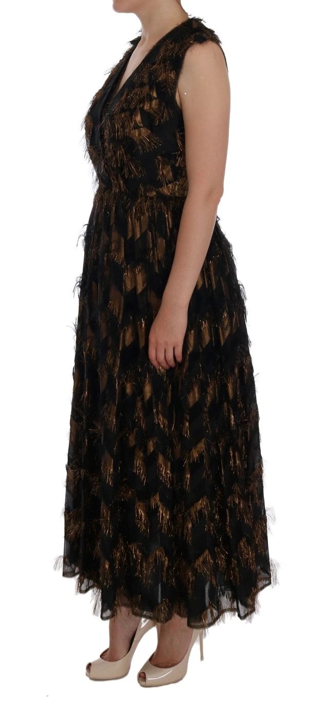 Dolce & Gabbana Black Silk Brown Fringes A-Line Dress by Dolce & Gabbana