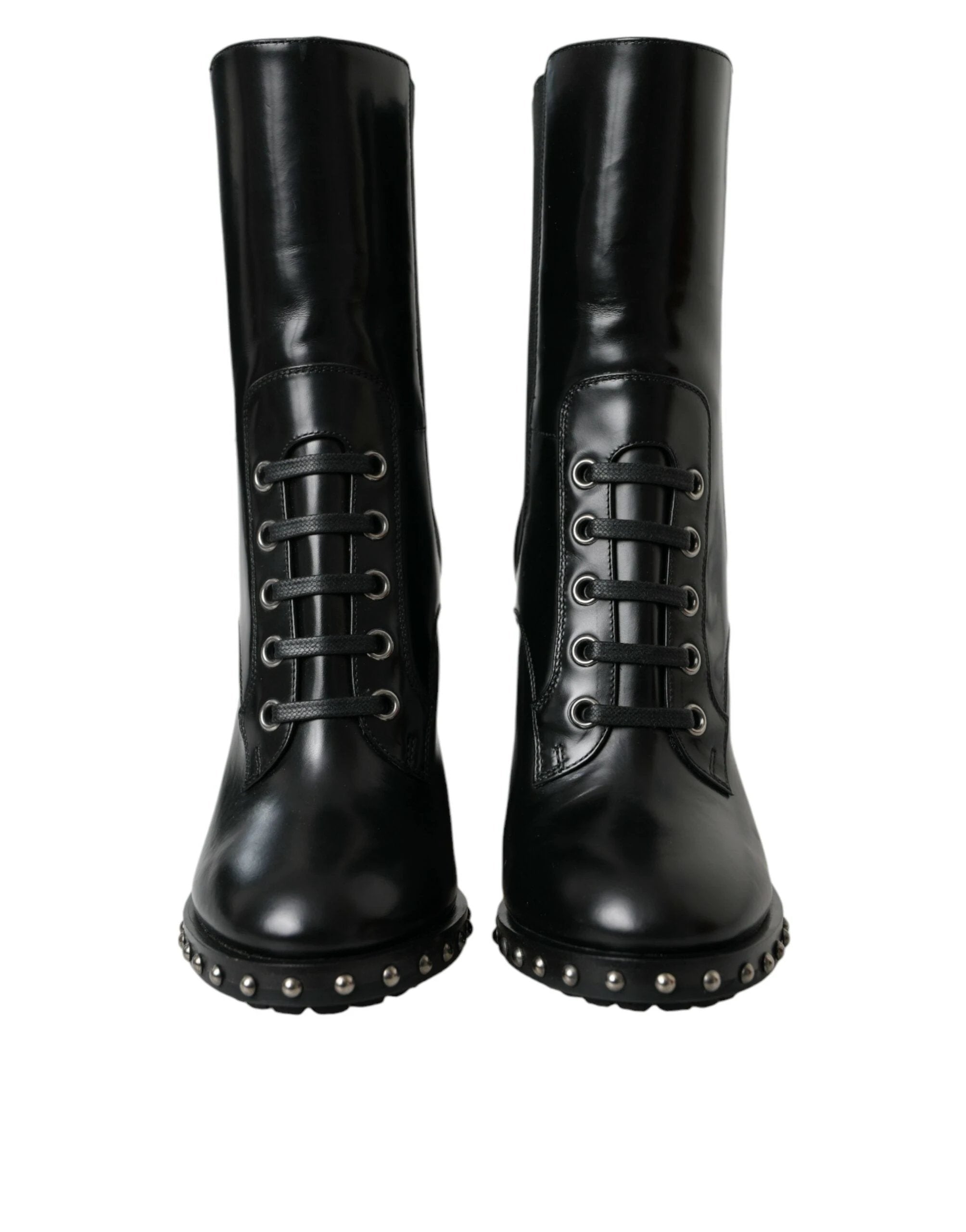 Dolce & Gabbana Black Leather Studded Lace Up Boots Shoes by Dolce & Gabbana
