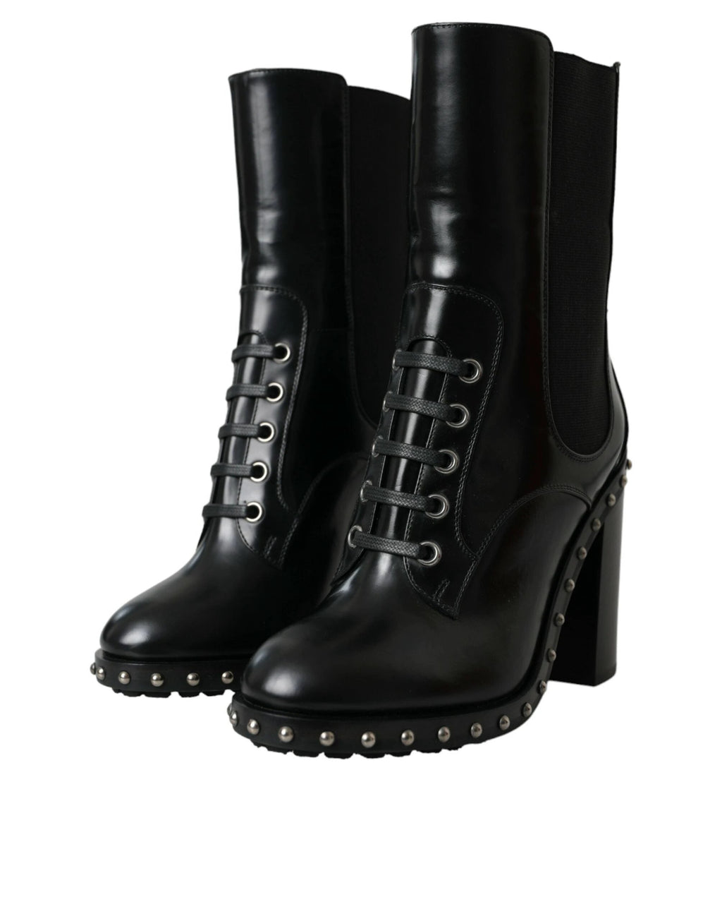 Dolce & Gabbana Black Leather Studded Lace Up Boots Shoes by Dolce & Gabbana