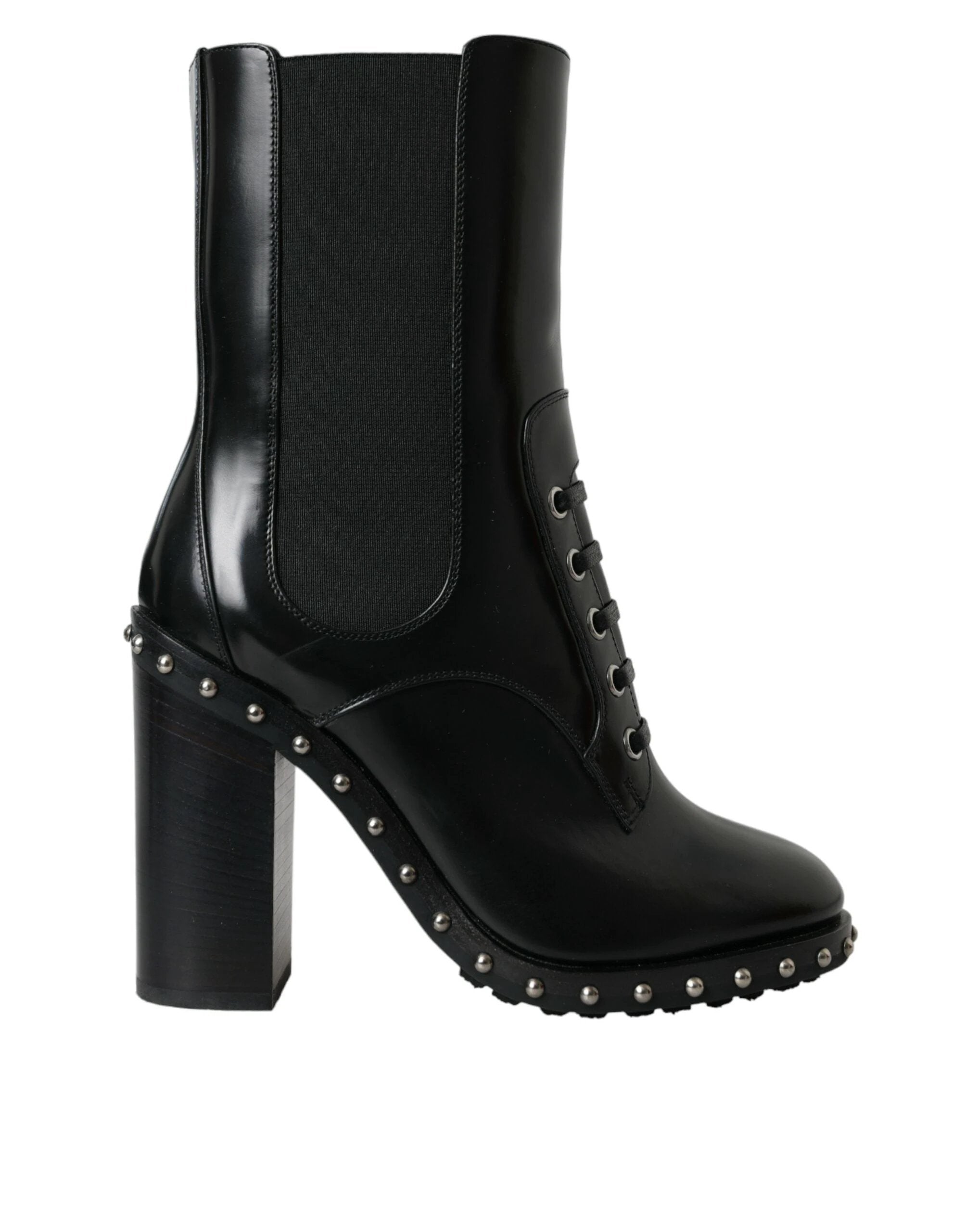 Dolce & Gabbana Black Leather Studded Lace Up Boots Shoes by Dolce & Gabbana