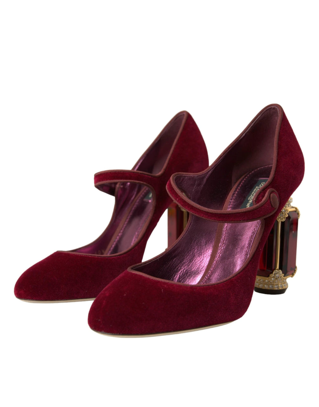 Dolce & Gabbana Red Velvet Gold Crystals Heels Mary Jane Shoes by Dolce & Gabbana