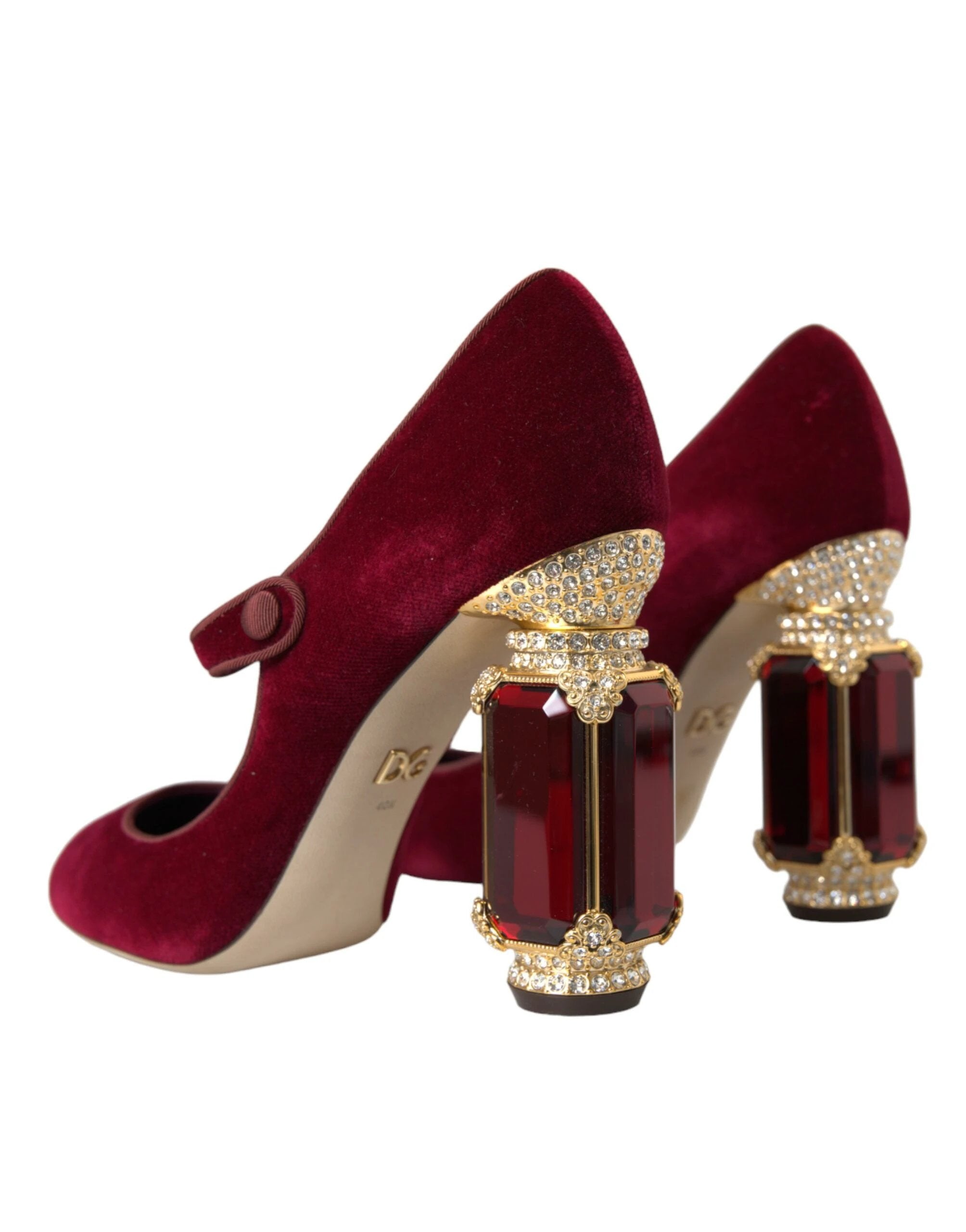 Dolce & Gabbana Red Velvet Gold Crystals Heels Mary Jane Shoes by Dolce & Gabbana