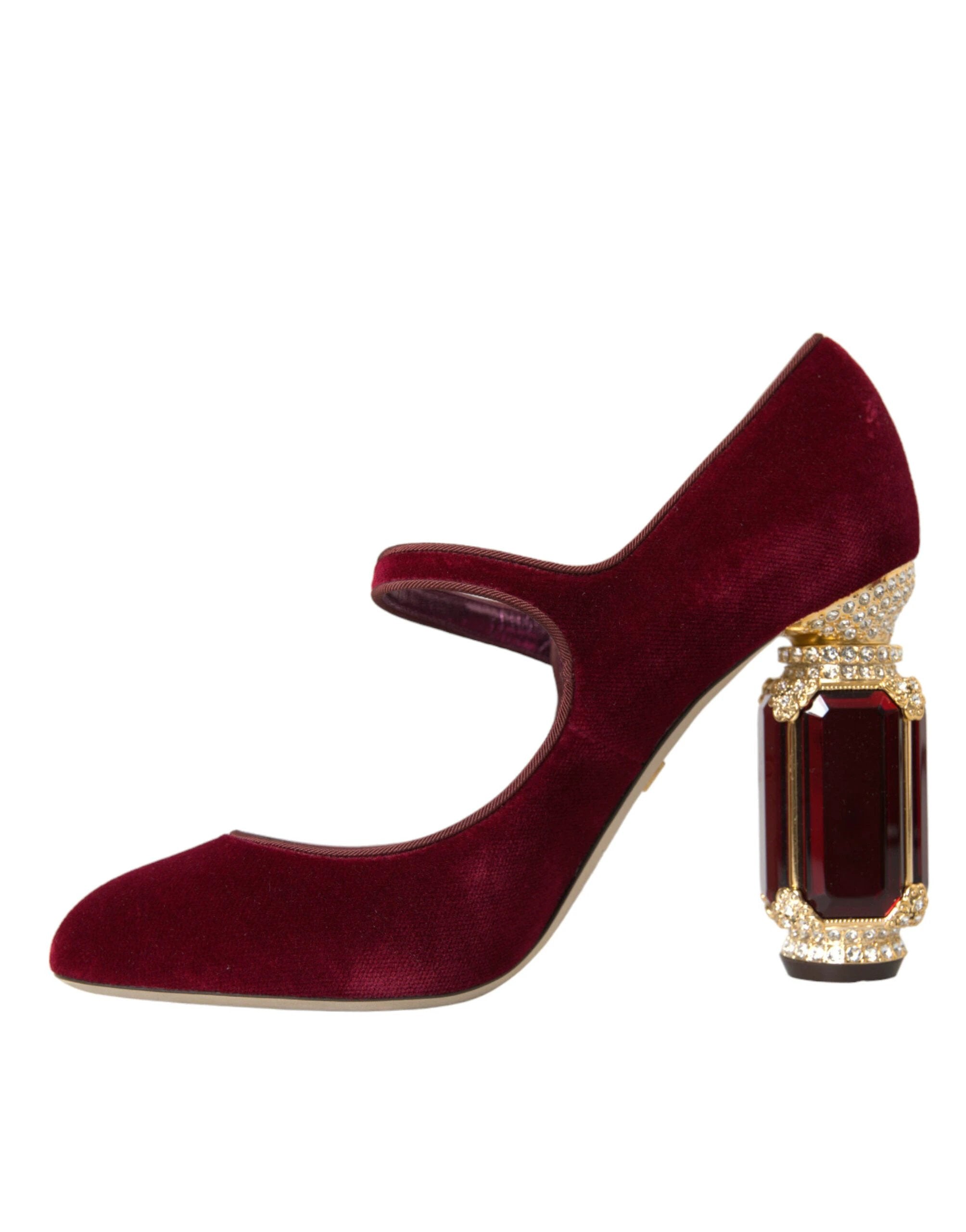 Dolce & Gabbana Red Velvet Gold Crystals Heels Mary Jane Shoes by Dolce & Gabbana