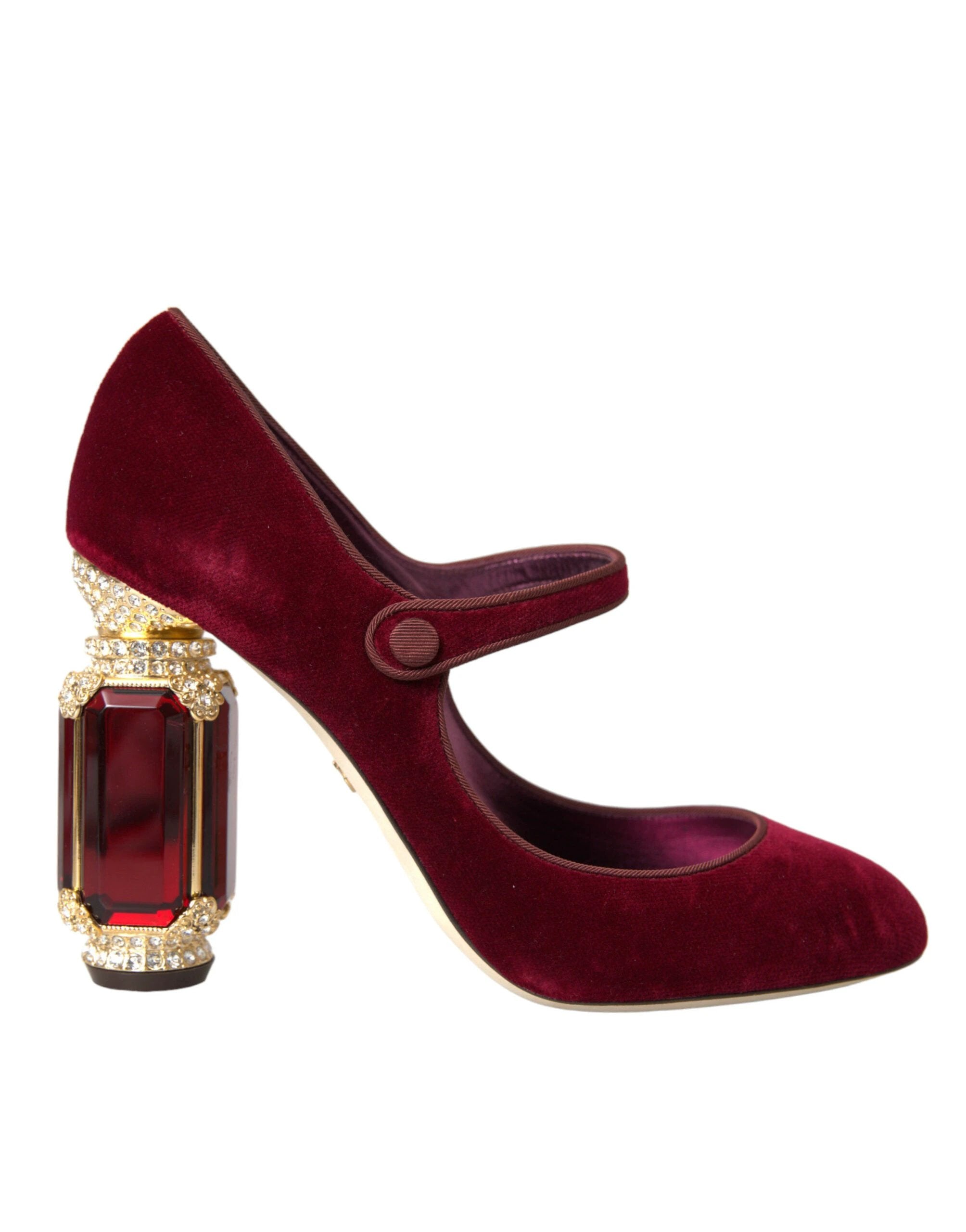 Dolce & Gabbana Red Velvet Gold Crystals Heels Mary Jane Shoes by Dolce & Gabbana