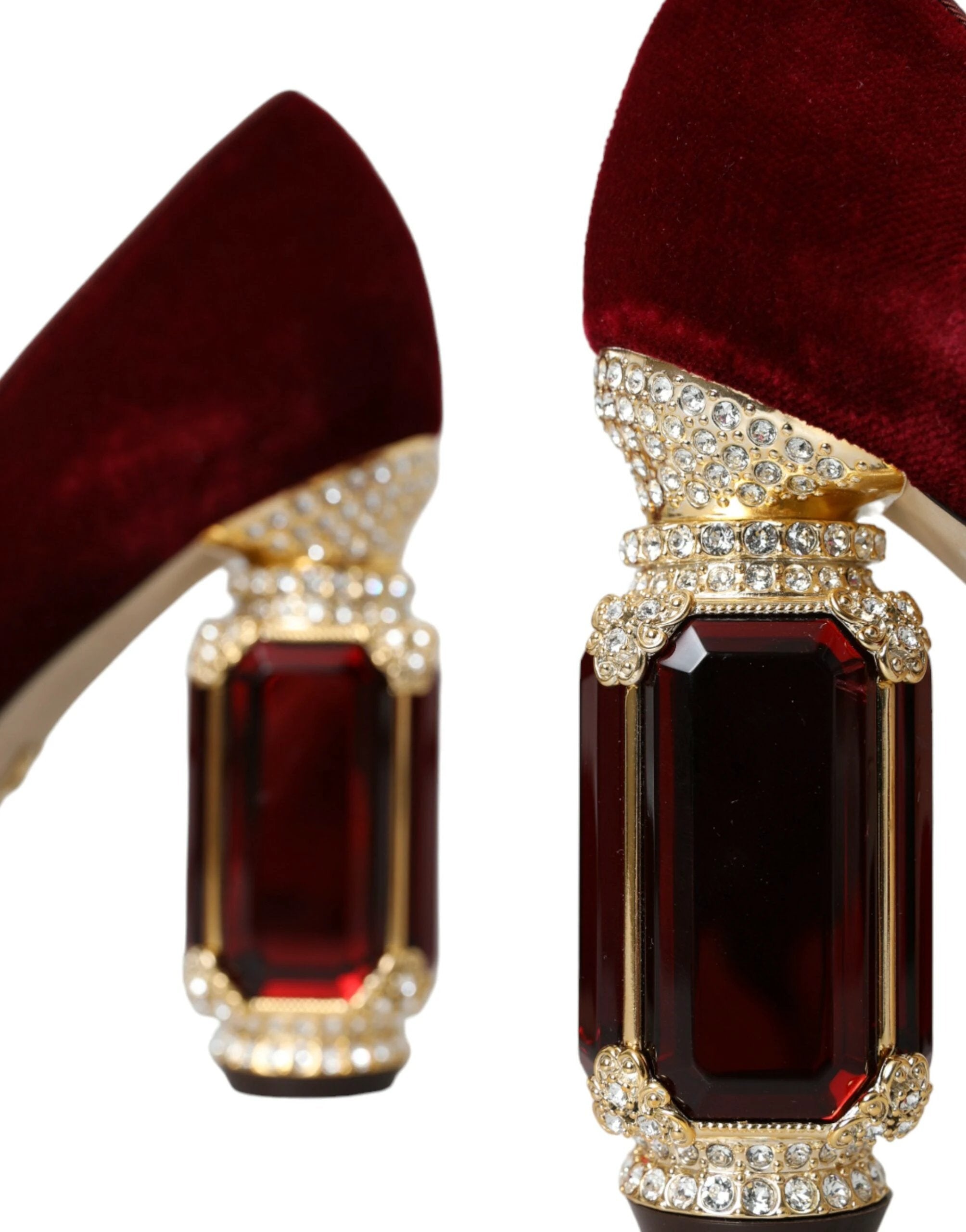 Dolce & Gabbana Red Velvet Gold Crystals Heels Mary Jane Shoes by Dolce & Gabbana