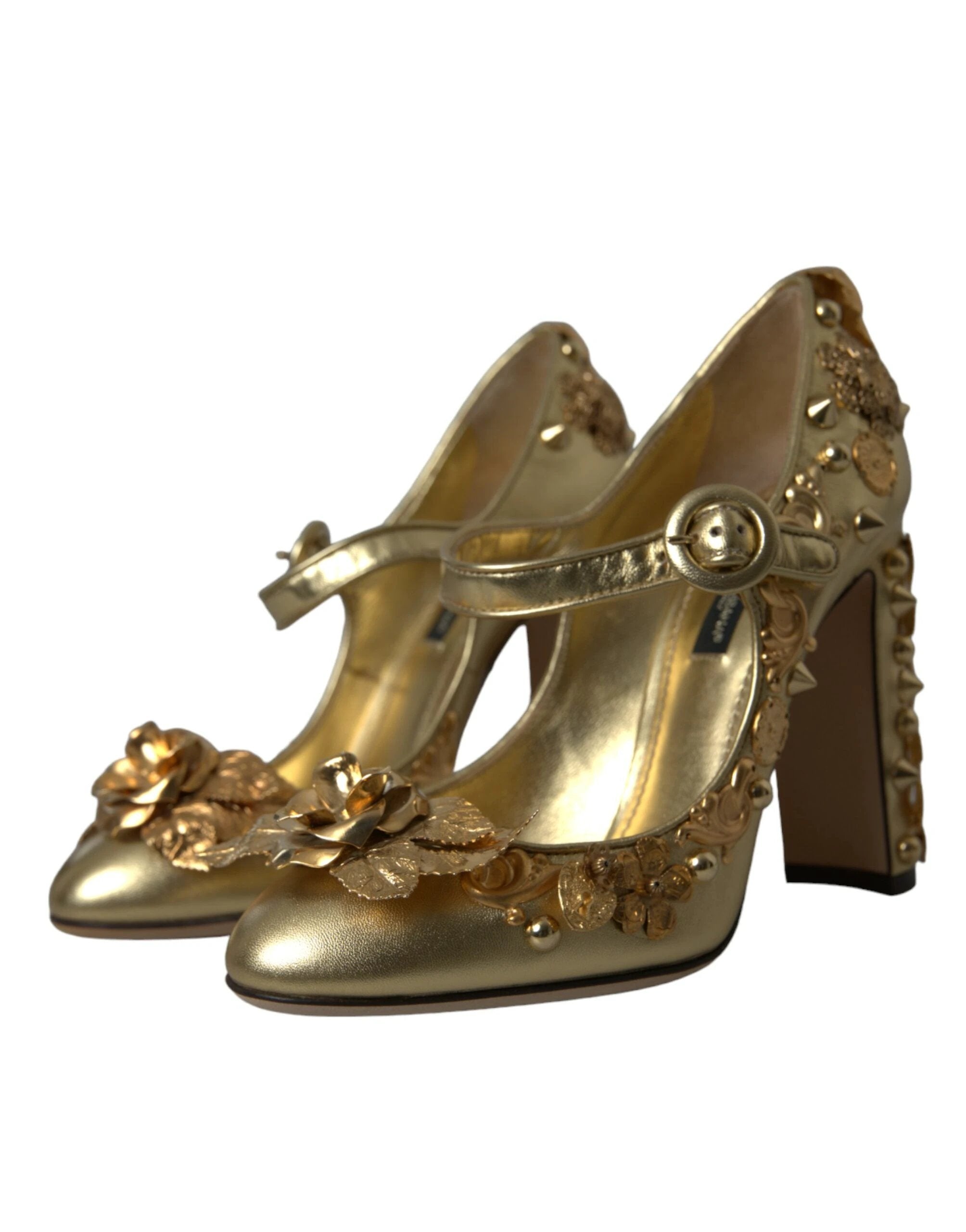 Dolce & Gabbana Gold Leather Crystal Mary Janes Pumps Shoes by Dolce & Gabbana