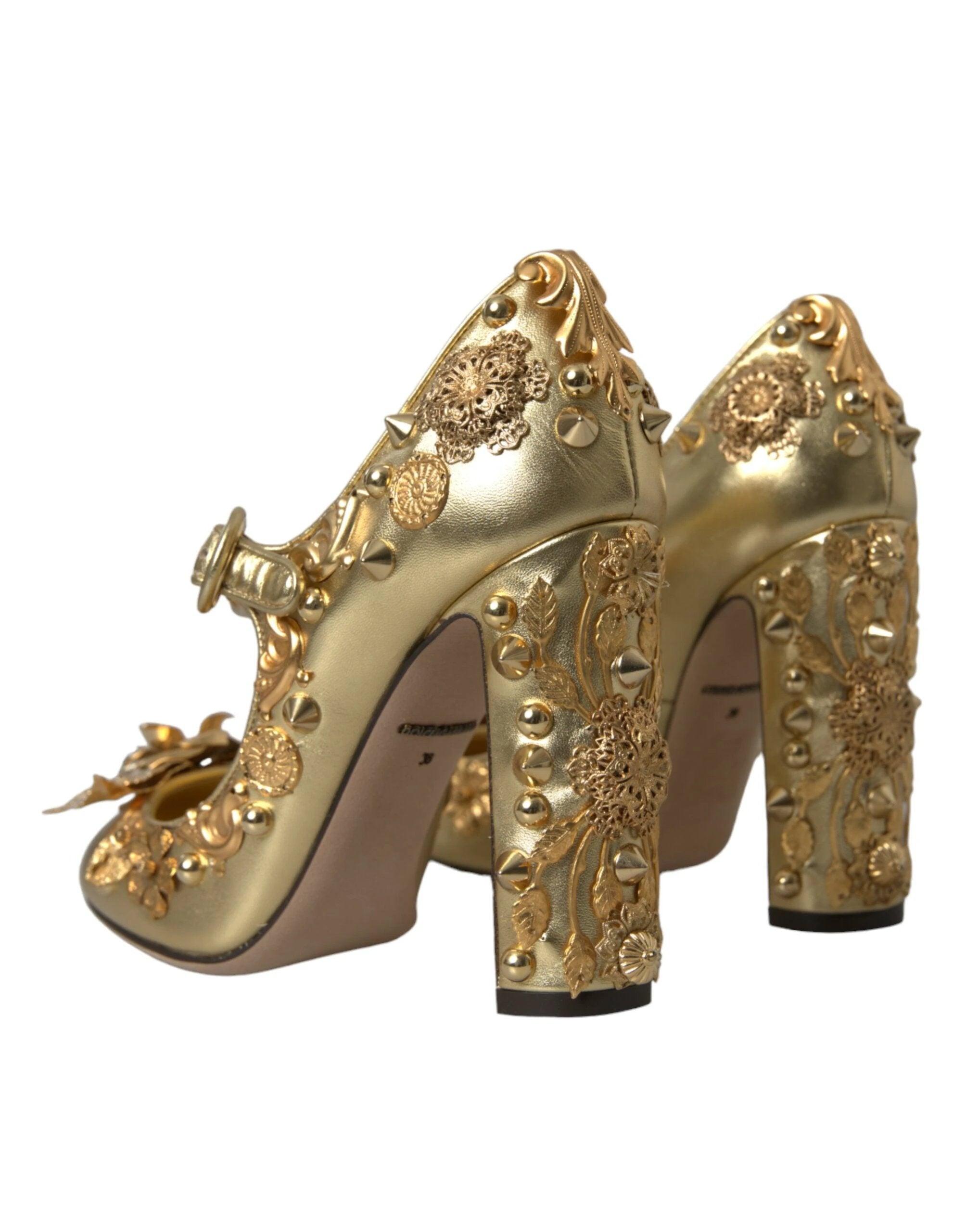 Dolce & Gabbana Gold Leather Crystal Mary Janes Pumps Shoes by Dolce & Gabbana
