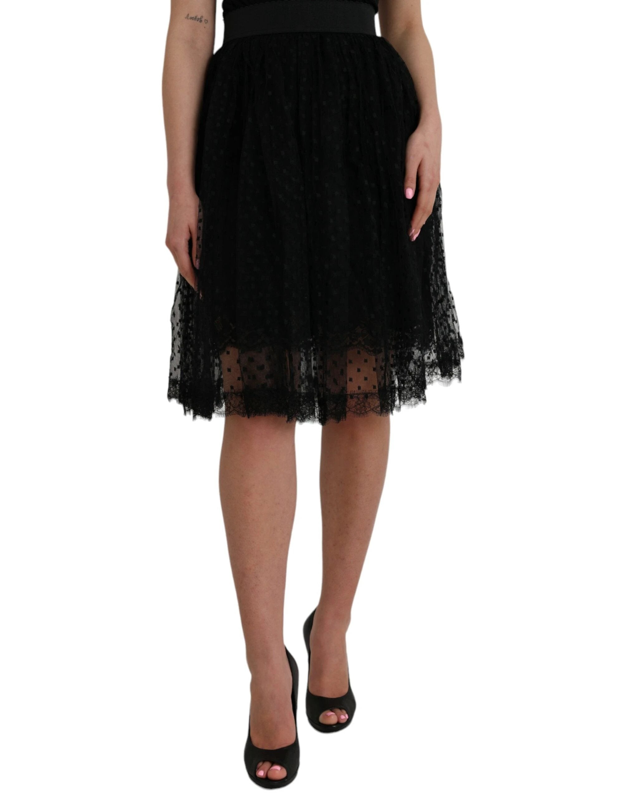 Dolce & Gabbana Black Nylon Lace Trim High Waist A-line Skirt by Dolce & Gabbana