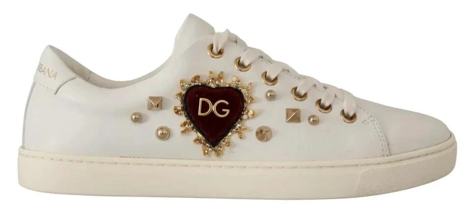 Dolce & Gabbana White Leather Gold Red Heart Sneakers Shoes by Dolce & Gabbana