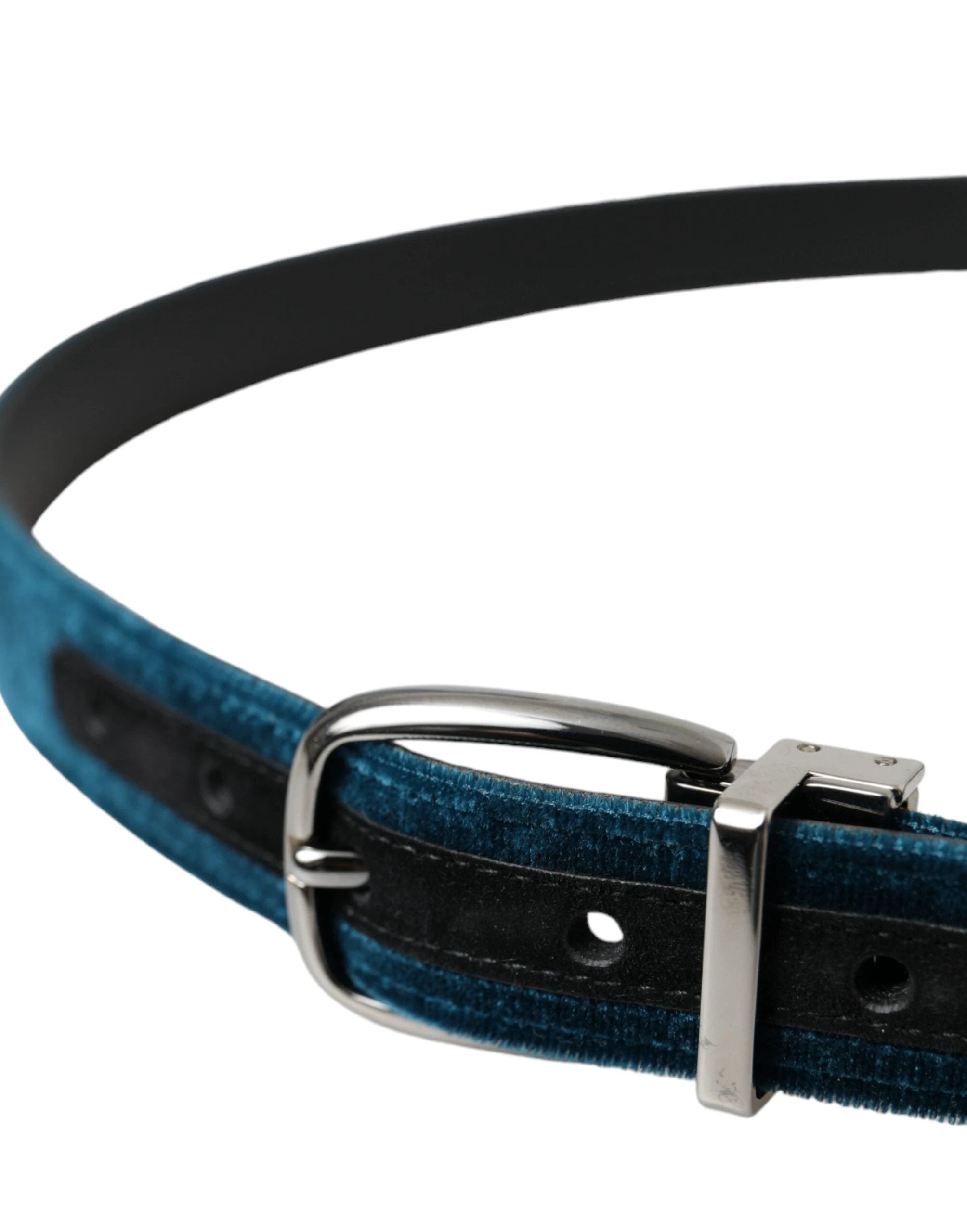 Dolce & Gabbana Blue Velvet Leather Silver Metal Buckle Belt by Dolce & Gabbana