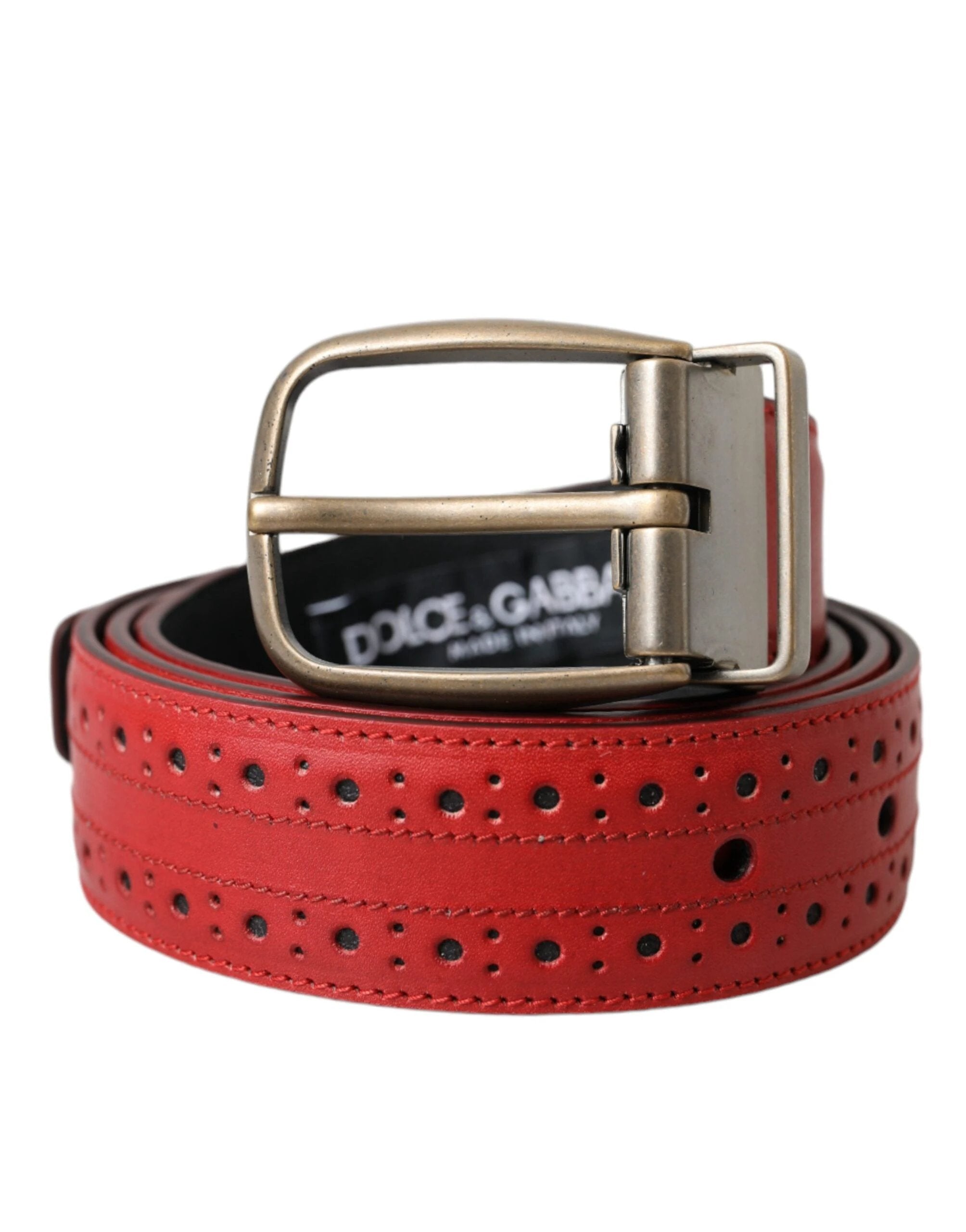 Dolce & Gabbana Red Perforated Leather Metal Buckle Belt Men by Dolce & Gabbana