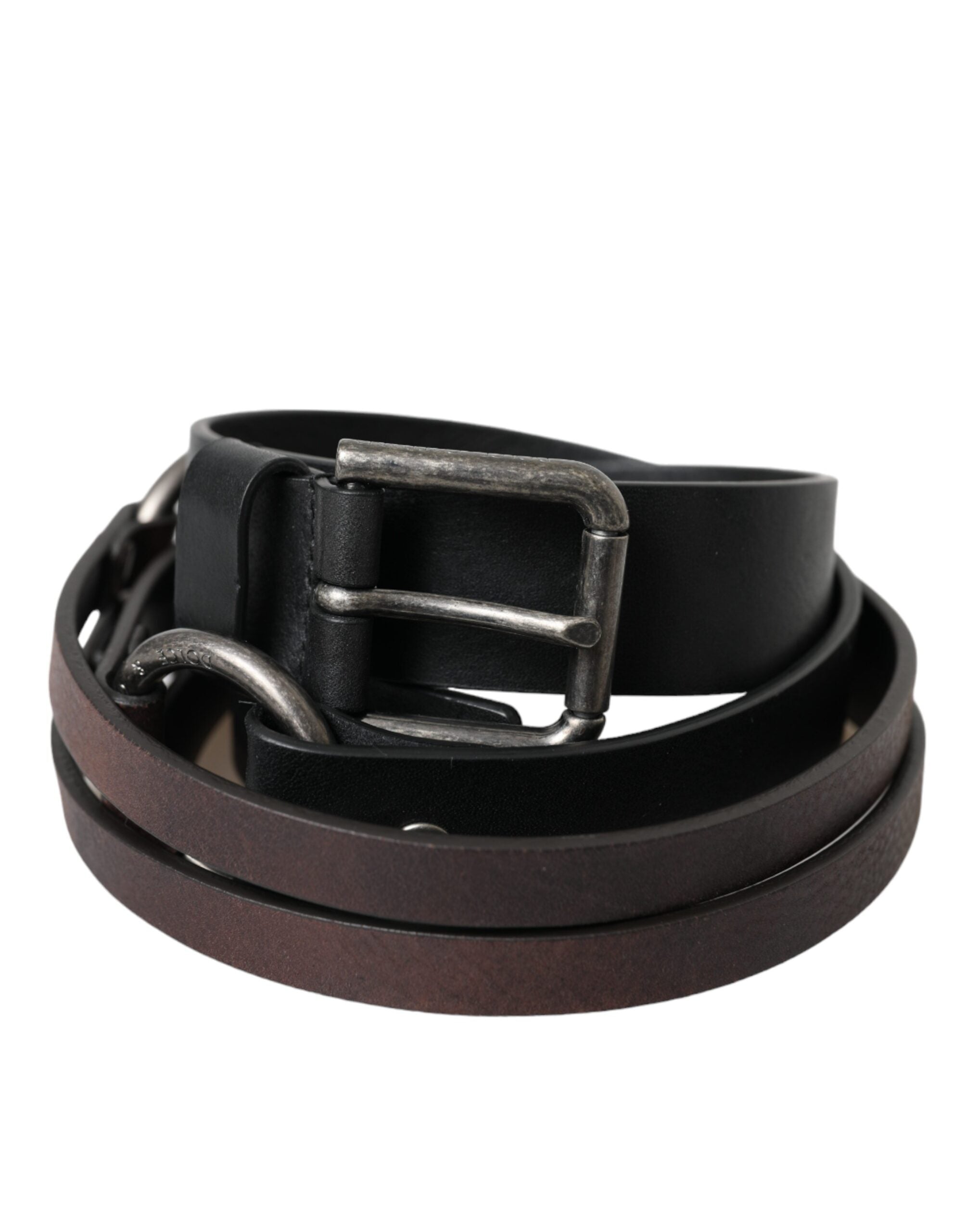 Dolce & Gabbana Black Brown Leather Silver Metal Buckle Belt by Dolce & Gabbana