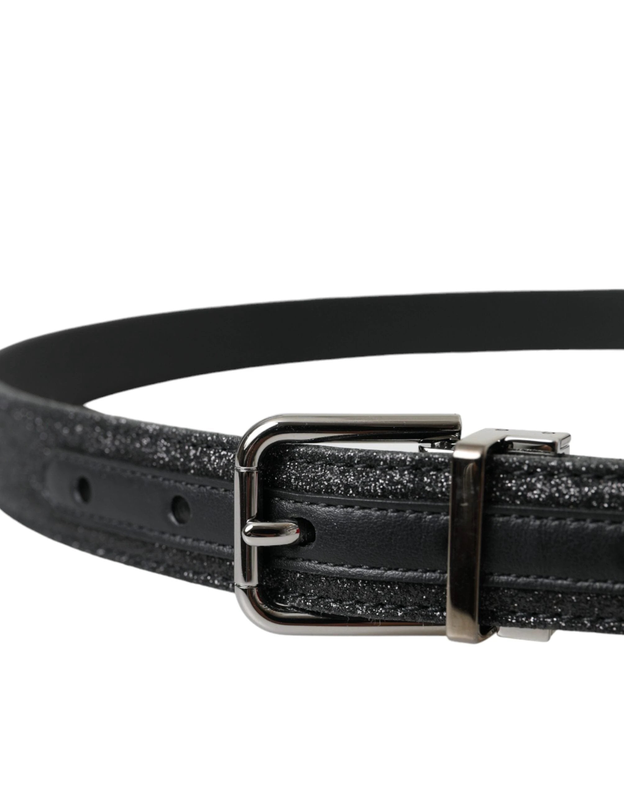 Dolce & Gabbana Black Glittered Leather Silver Buckle Belt by Dolce & Gabbana