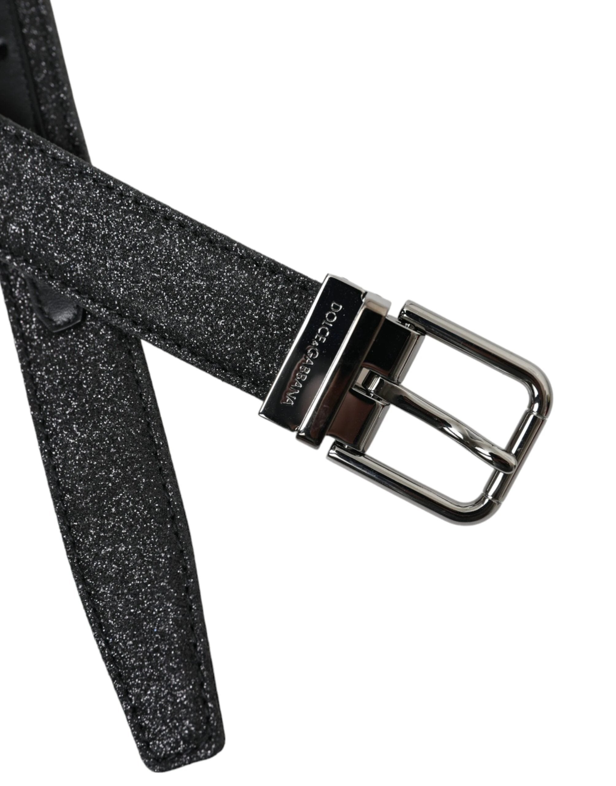 Dolce & Gabbana Black Glittered Leather Silver Buckle Belt by Dolce & Gabbana