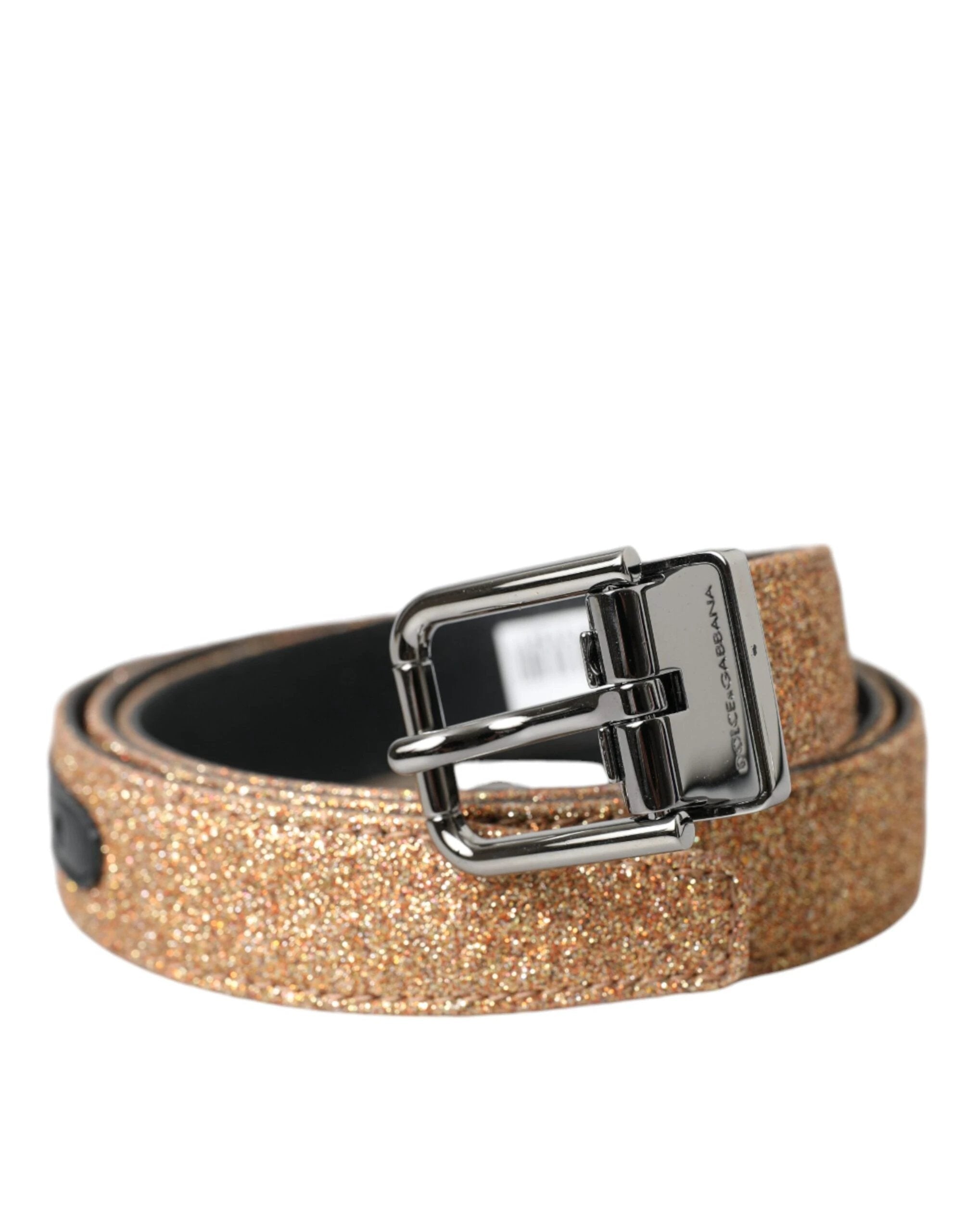 Dolce & Gabbana Gold Glitter Leather Silver Metal Buckle Belt by Dolce & Gabbana