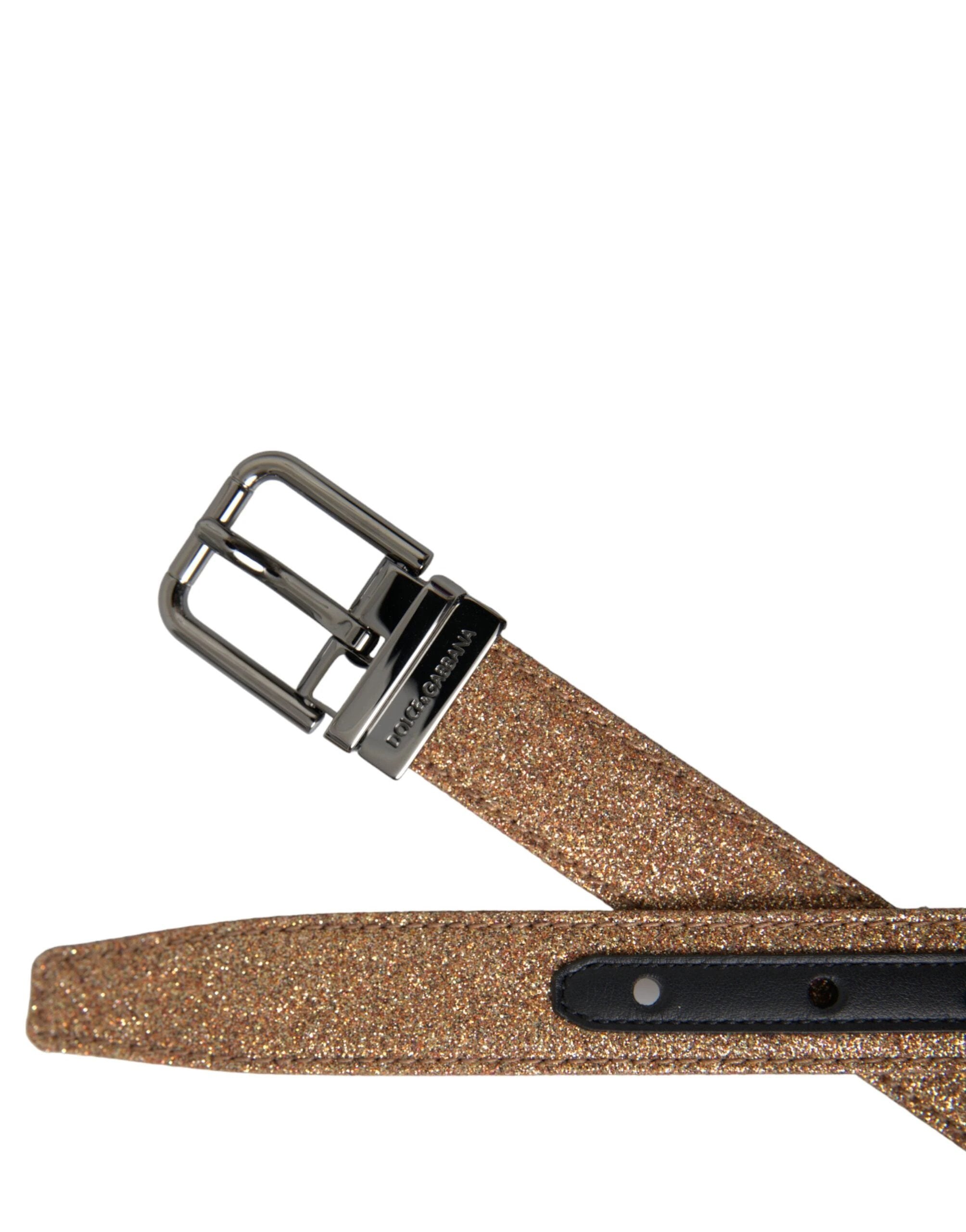 Dolce & Gabbana Gold Glitter Leather Silver Metal Buckle Belt by Dolce & Gabbana