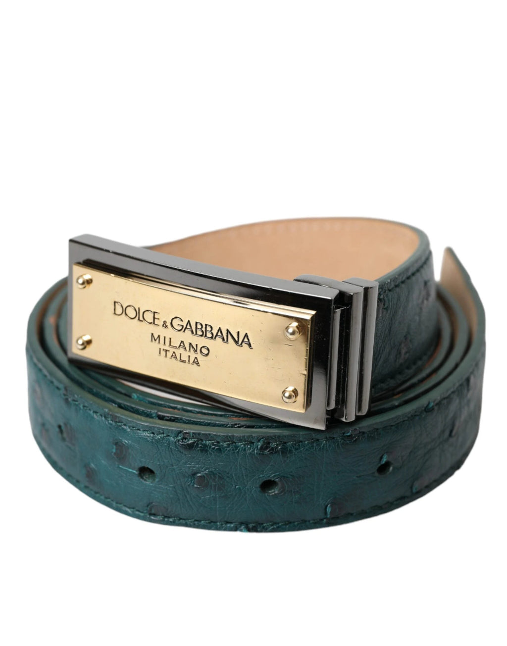 Dolce & Gabbana Green Leather Gold Logo Engraved Buckle Belt by Dolce & Gabbana
