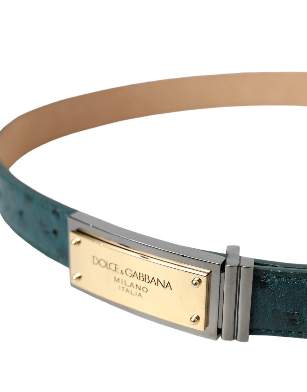 Dolce & Gabbana Green Leather Gold Logo Engraved Buckle Belt by Dolce & Gabbana